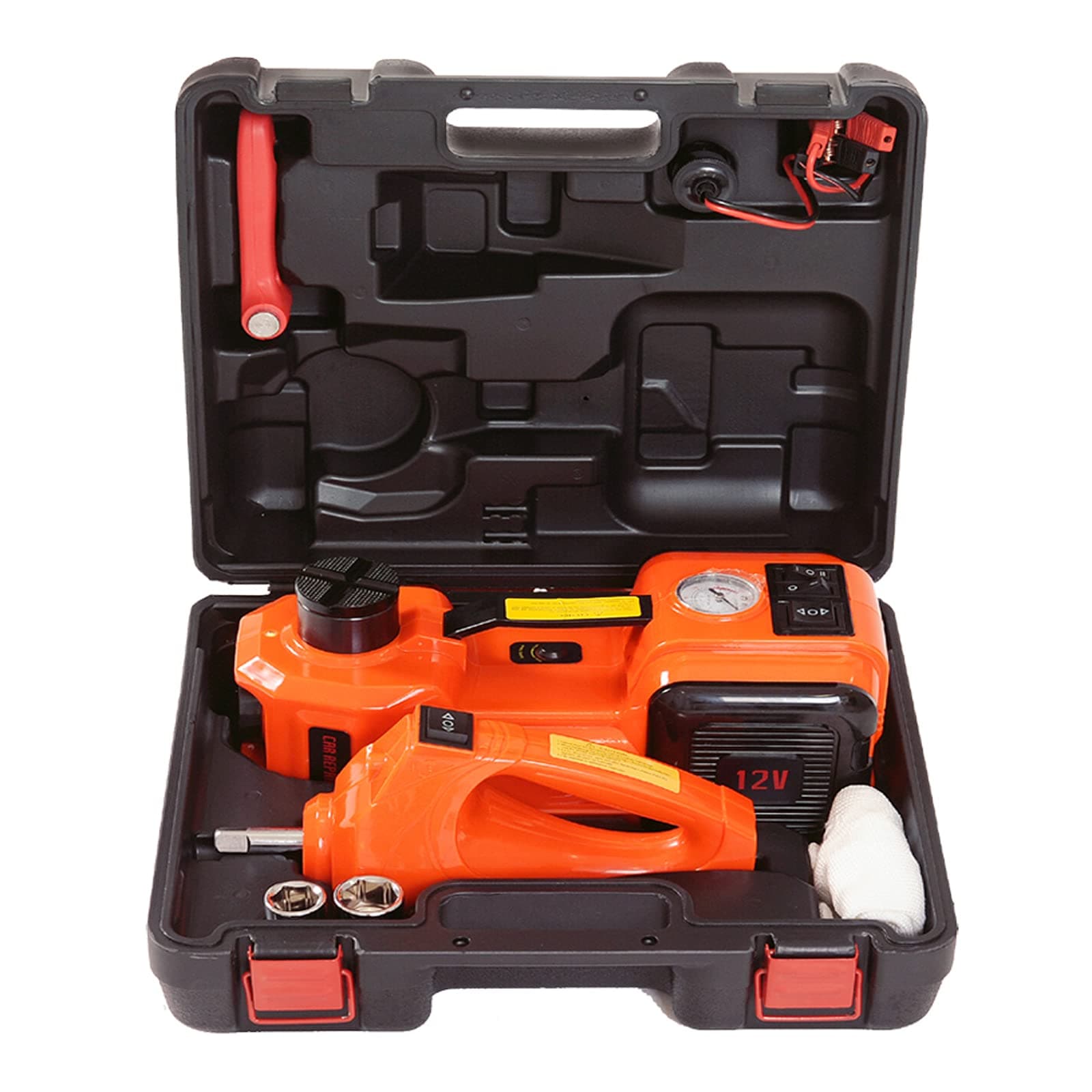 Electric Car Jack Kit 5Tons Hydraulic Floor Jack Roadside 12V Auto Emergency Kit 155-450mm Lifting Range Tire Repalce Tool with Wrench Spanner Air Compressor for SUV Sedan Lifting