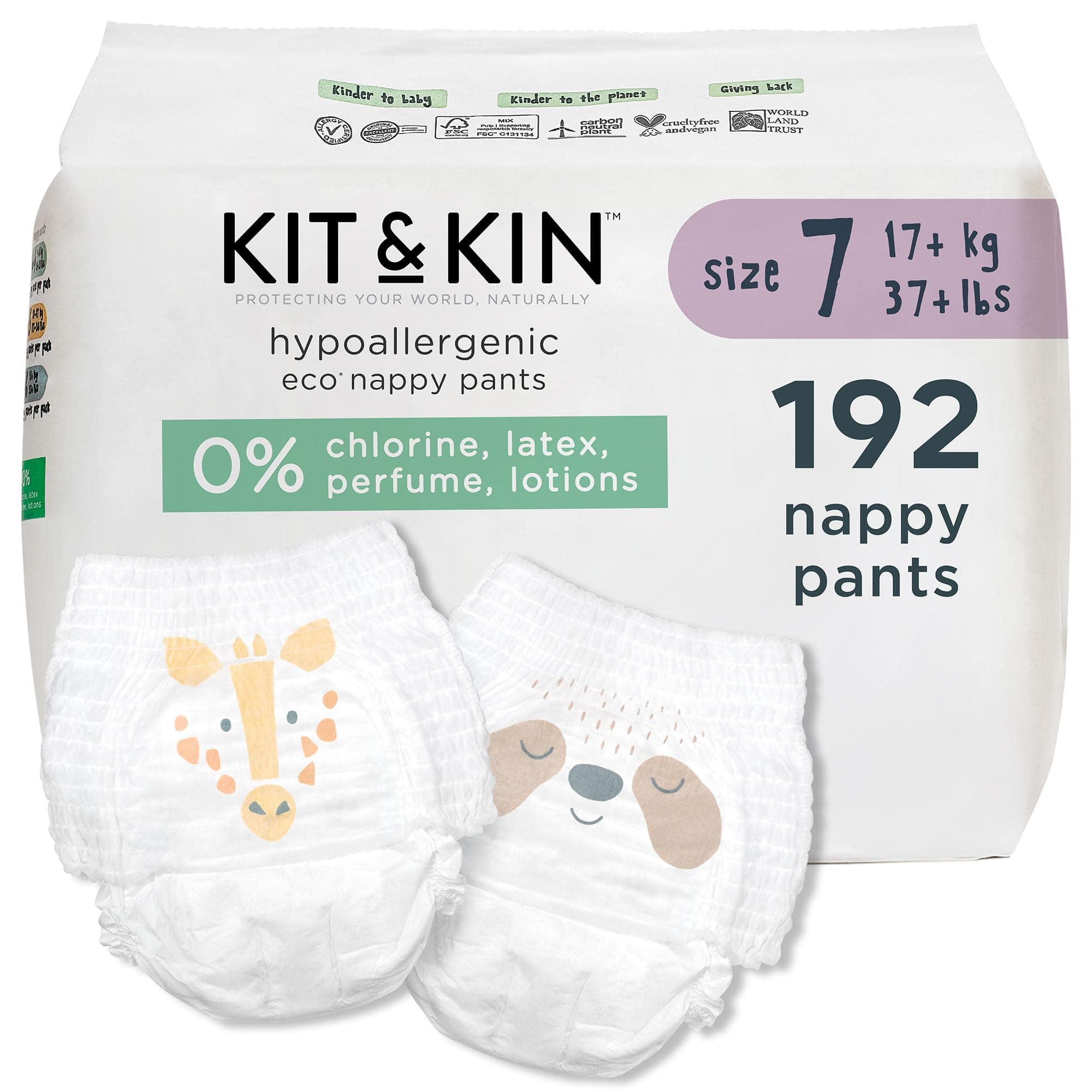 Kit & Kin Premium Eco Nappy Pants Size 7 | 17+ kg / 37+ lbs | Maxi Pull Ups | 12 Packs / 192 Pants | Hypoallergenic & Sustainable | Vegan & Chlorine-Free | Superior up to 12 Hour Leak Protection