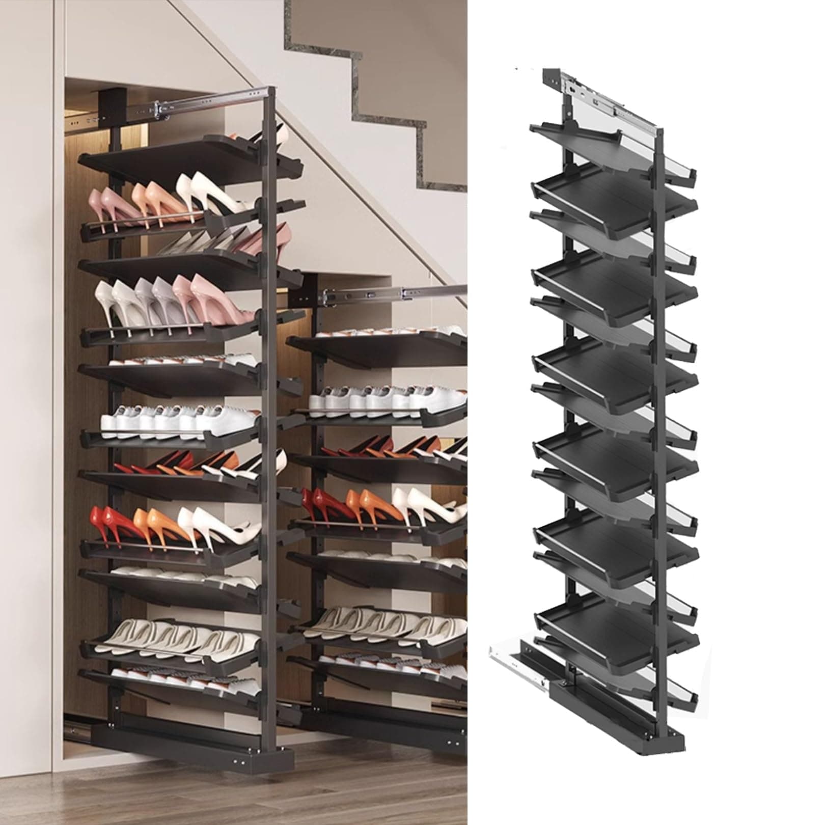 Pull-Out Shoe Rack Organizer for Closet Shoe Cabinet,Adjustable Height Retractable Metal Stackable Shoe Rack, Vertical Shelf Organizer for Small Bedroom Closet, Space Saving Storage, Black(85cm,13 Tie