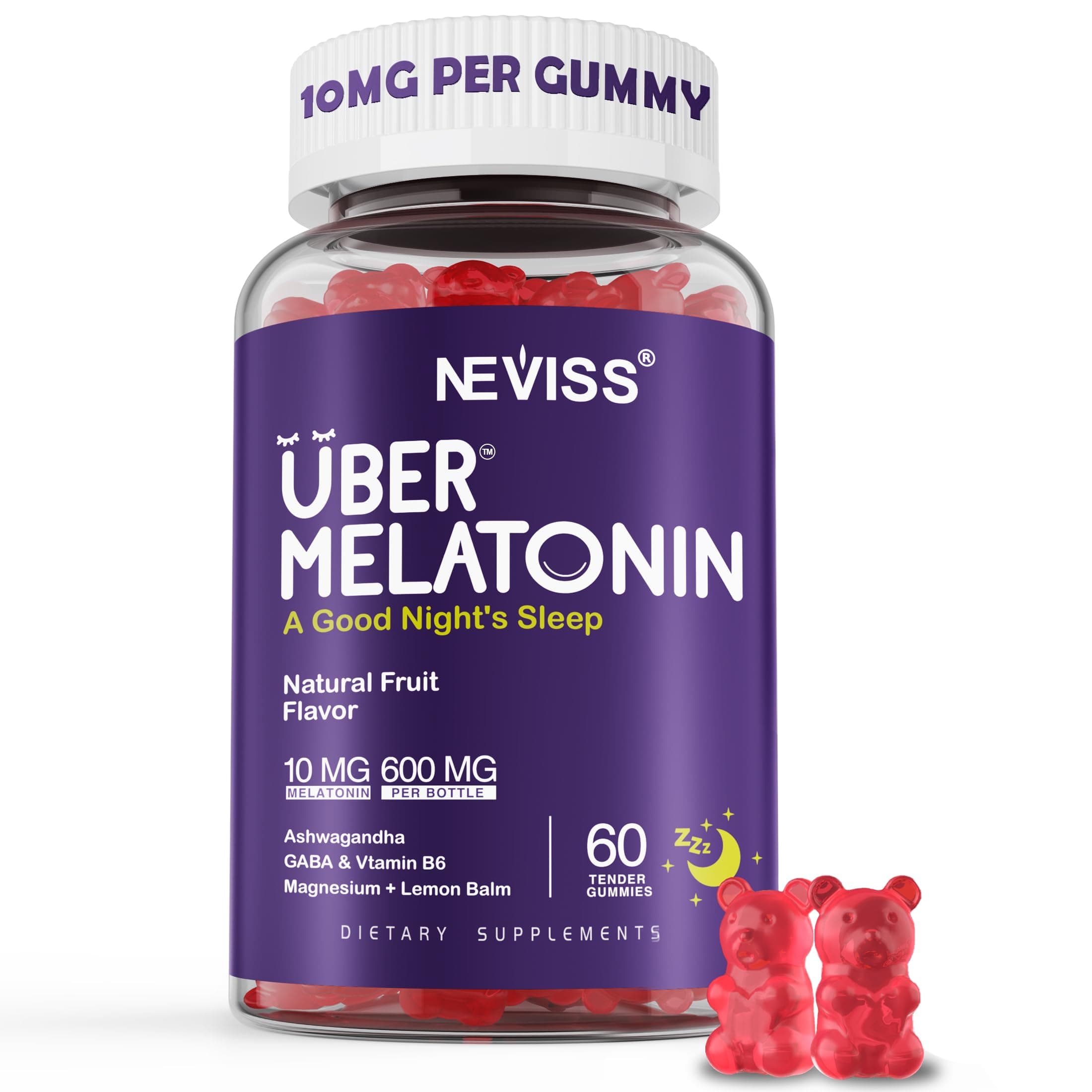 Melatonin Gummies 10mg 20mg for Adults, Melatonin 10 mg per Gummy with Ashwagandha, Magnesium Glycinate, GABA, L-theanine, Valerian Root and Lemon Balm, Rest Support Supplement, Grape Flavor, 60 Cts