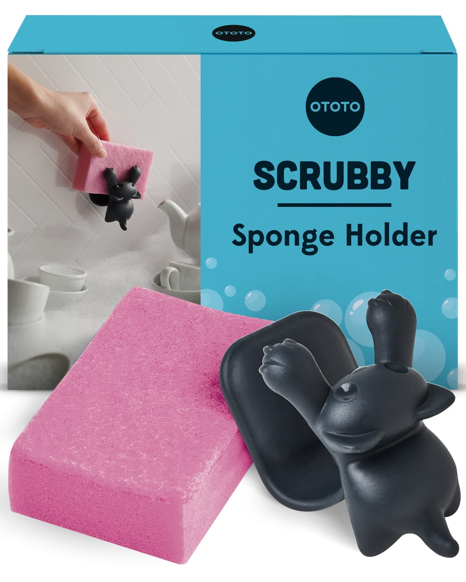 OTOTO Scrubby Sponge Holder for Kitchen Sink - Gray Cat Kitchen Sponge Holder - Dishwasher Safe Dish Sponge Organizer- Rust-Free - 3.9x3.1x3.9 inches