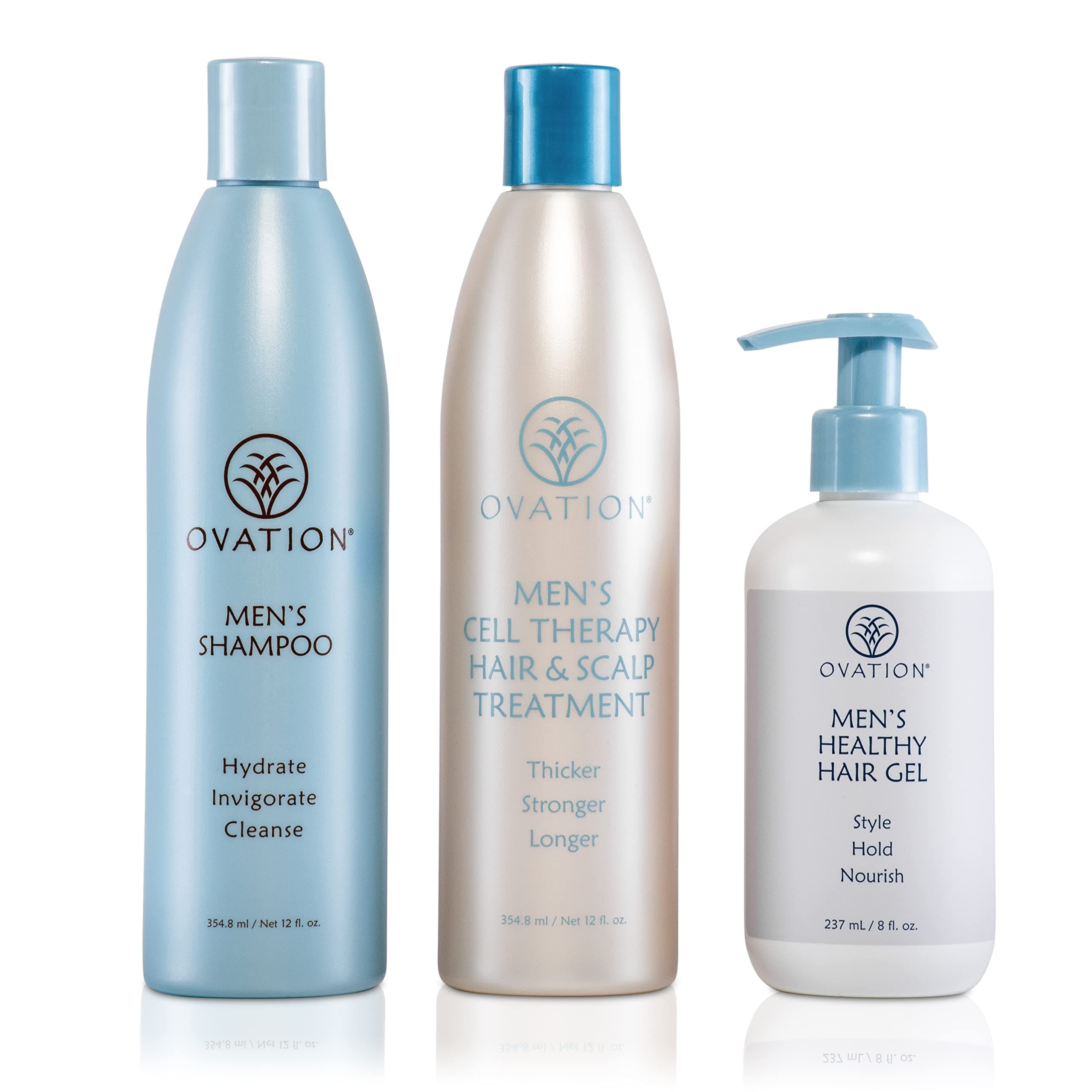 Ovation Hair Men’s Cell Therapy Max Pack - Men’s Shampoo (12 oz), Cell Therapy Hair & Scalp Treatment (12 oz), Men’s Healthy Hair Gel (8 oz) - Hair Treatment Set for Men with Fine, Short Hair