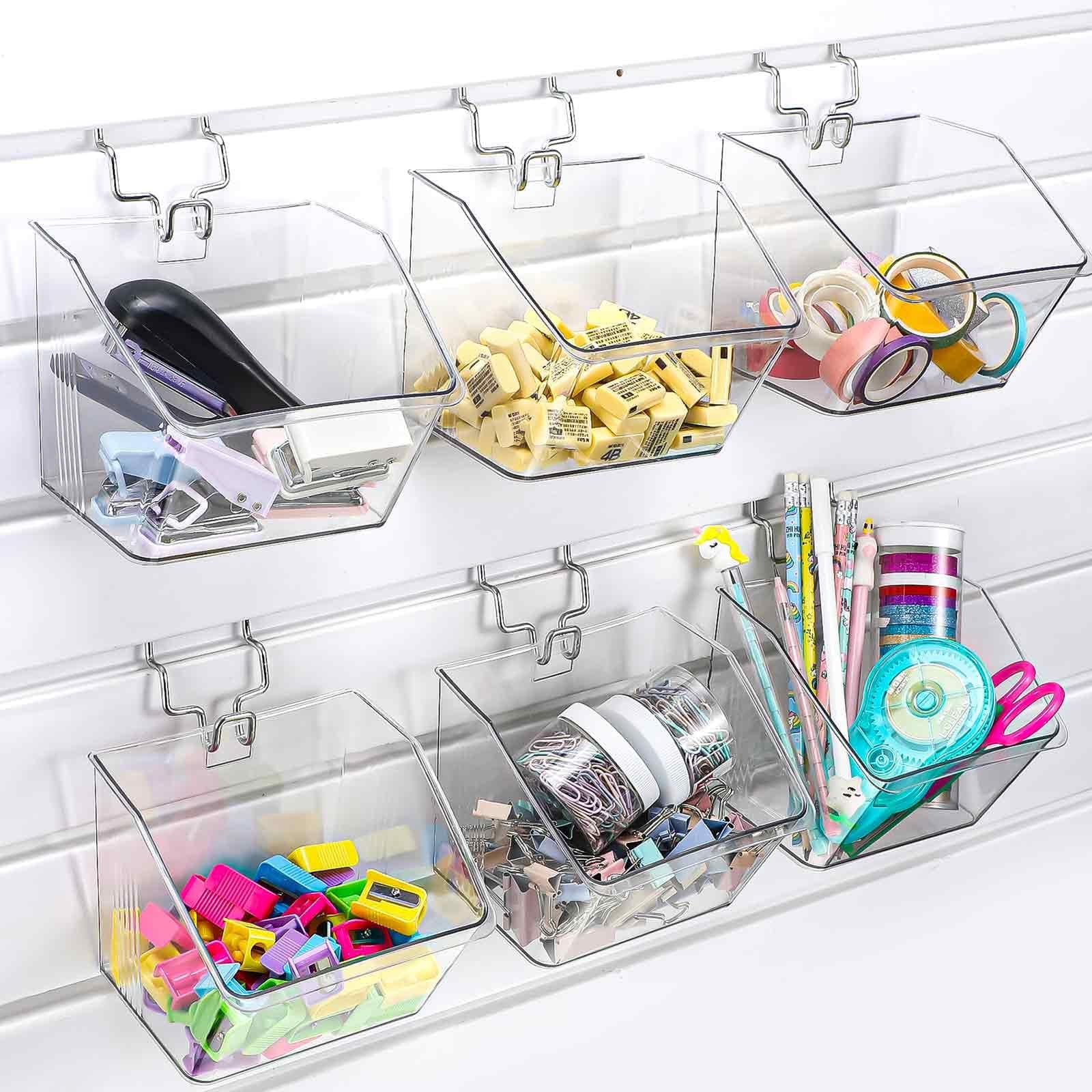 Layhit 6 Set Slatwall Bins Clear Plastic Bins with Slatwall Metal Hooks Mount Hanging Slatwall Containers Storage Organizer Slat Wall Accessories for Craft Garage Tool Storage Room Panel