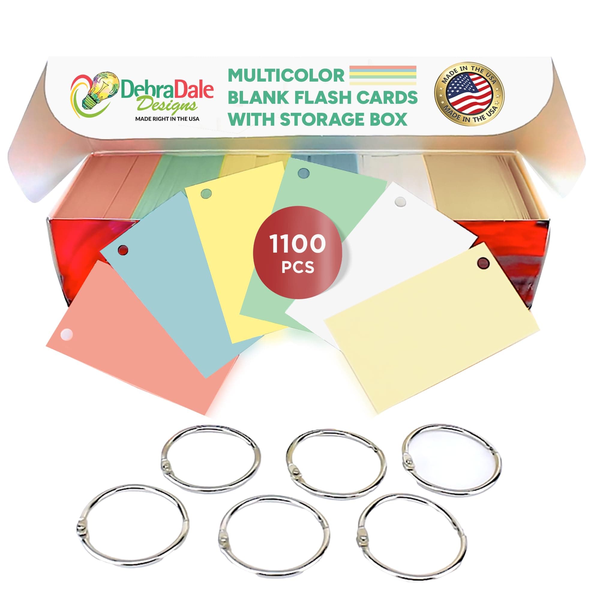 MADE IN USA – 1,100 Multicolor Flash Cards with Rings & Storage Box – 2x3.5" Blank Notecards – Bulk Classroom Supplies by Debra Dale Designs