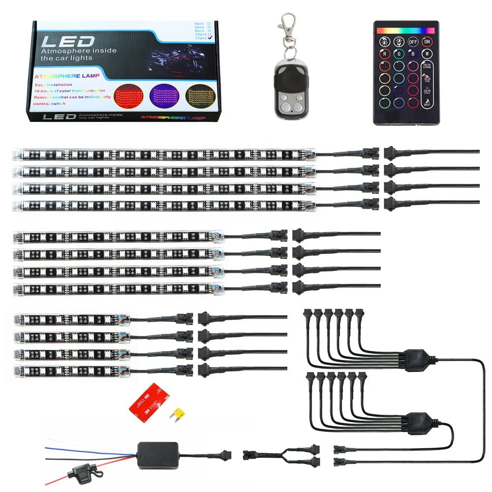 Muening 12Pcs Motorcycle RGB Led Light Kit Strips Multi-Color Accent Glow Neon Lights Lamp