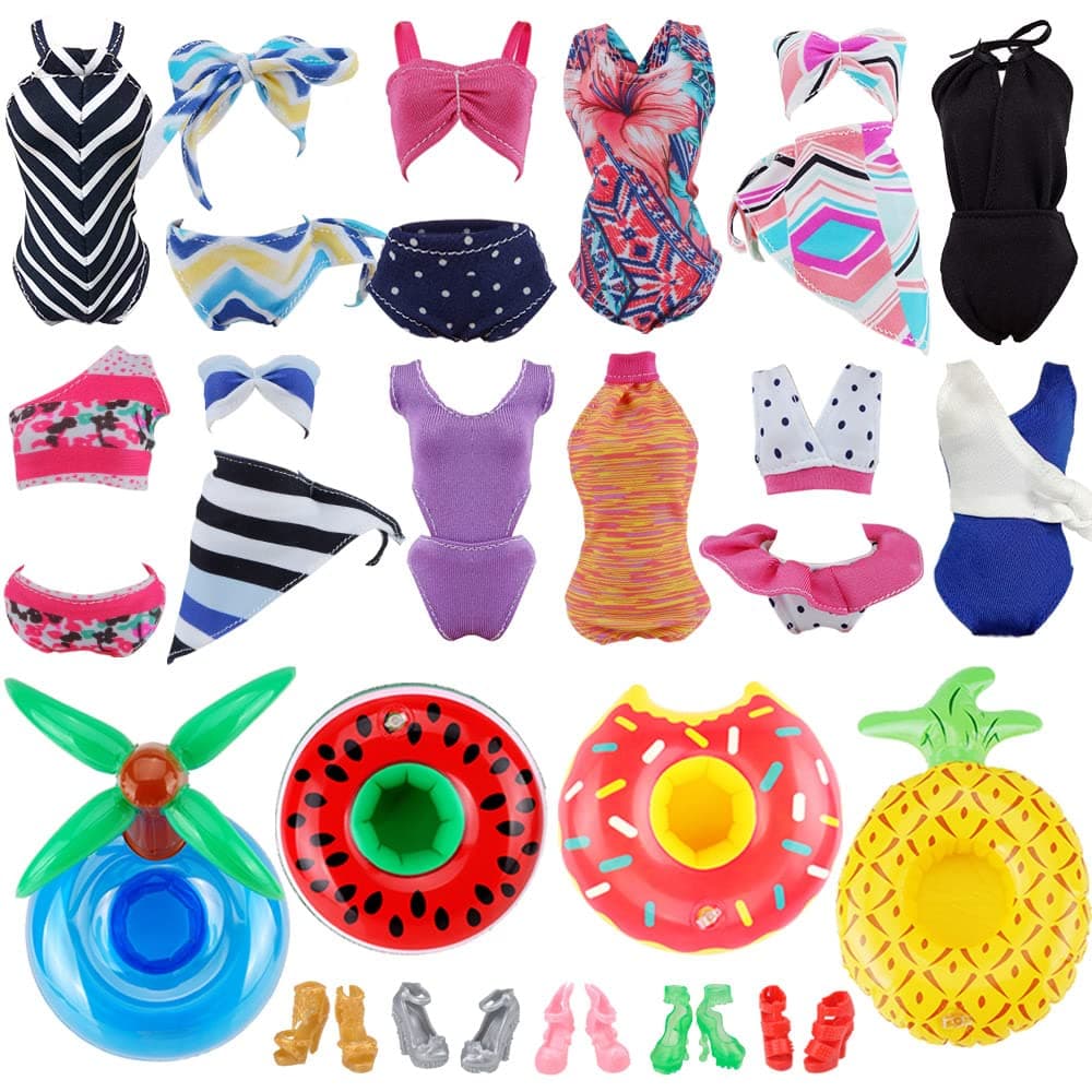 11 Items= 3Pcs Doll Beach Bikini Swimsuit + 3Pcs Swim Ring + 5Pairs Shoes for 11.5 inch Girl Doll(Random Style)