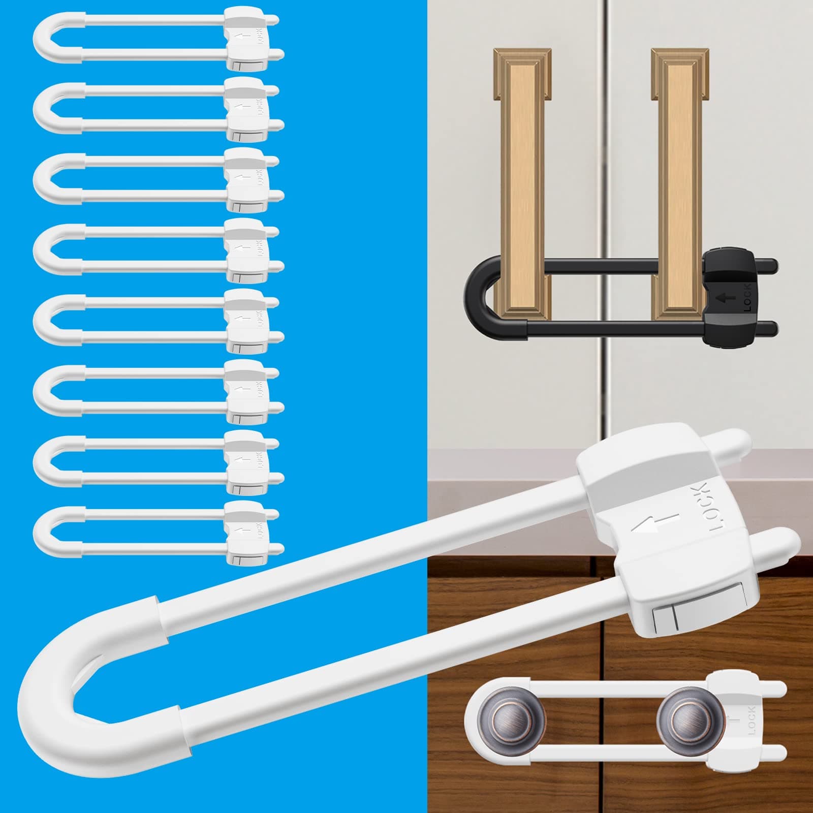 10 Pack U-Shaped Baby Proof Cabinet Locks No Drilling Required, Adjustable Child Safety Latches for Cabinets Drawers Kitchen Doors, White