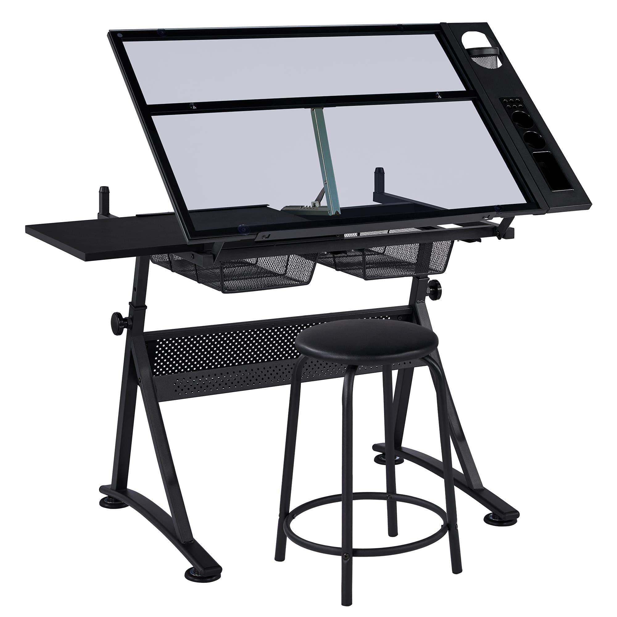 Drafting Table w/Stool Height Adjustable Multifunctional Art Craft Artists Desk Tilting Glass Tabletop Diamond Paintings Work Station w/2 Storage Drawers for Home Office