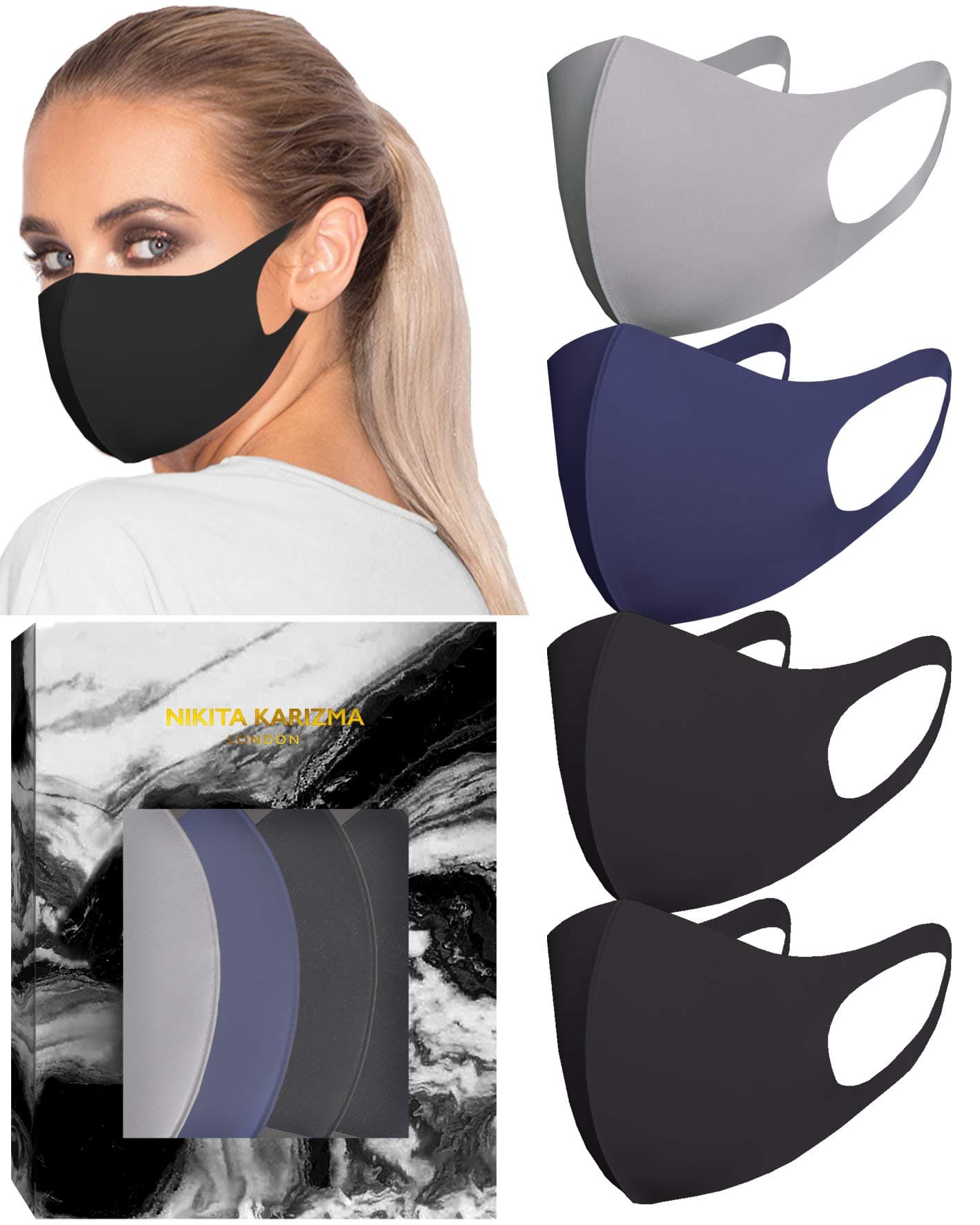 KARIZMA Styling Essentials Cloth Face Mask. 4 Buttery Soft Masks Washable Fabric. (Twilight) Navy, Grey and 2x Black Face Mask Reusable. Fabric Face Mask 4 Pieces