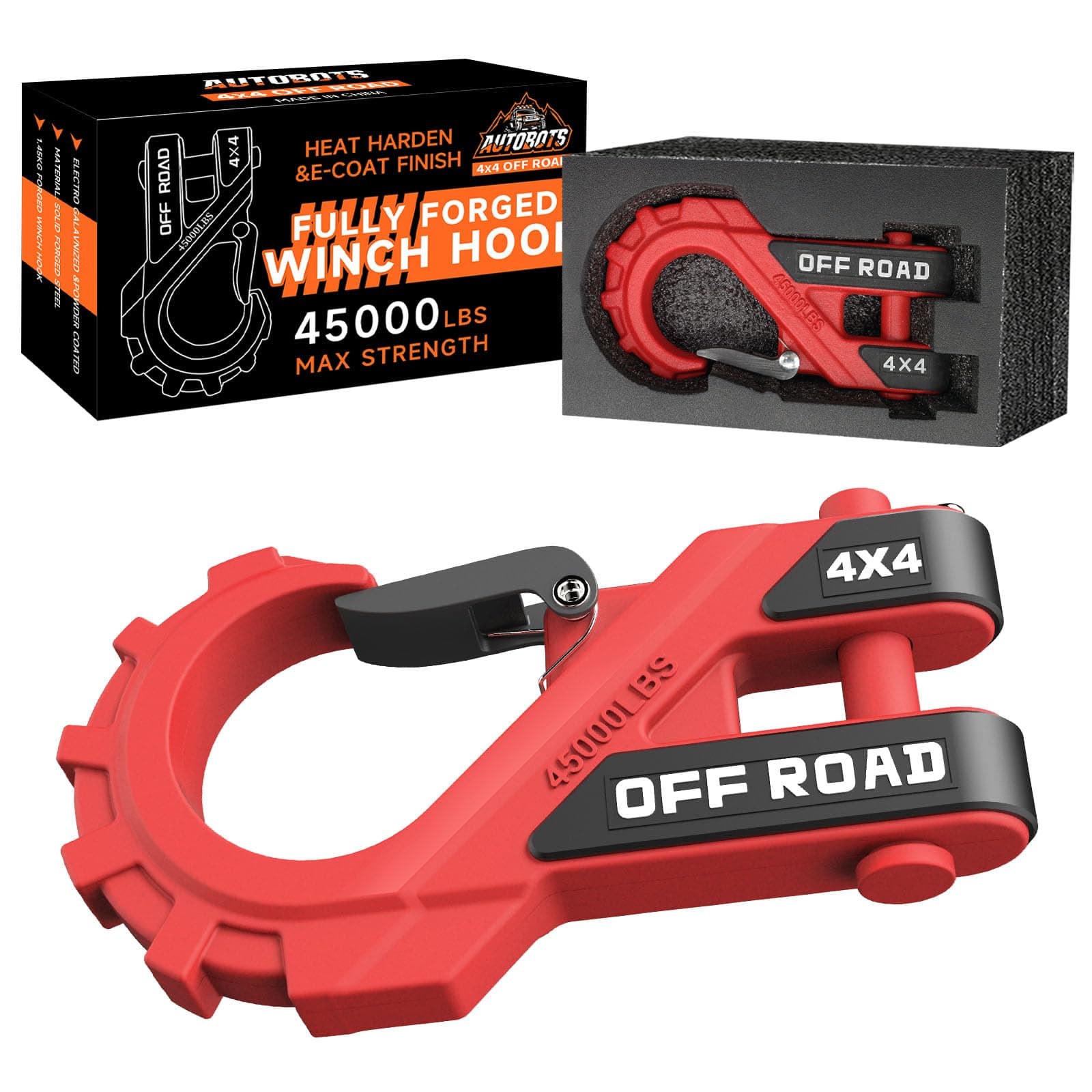 3/8" Winch Hook Max 45,000 Lbs, Heavy Duty ATV Winch Hook with Safety Latch for ATV UTV SUV Trailers,Tow Winch Accessories for Synthetic Rope Winch Cable Red