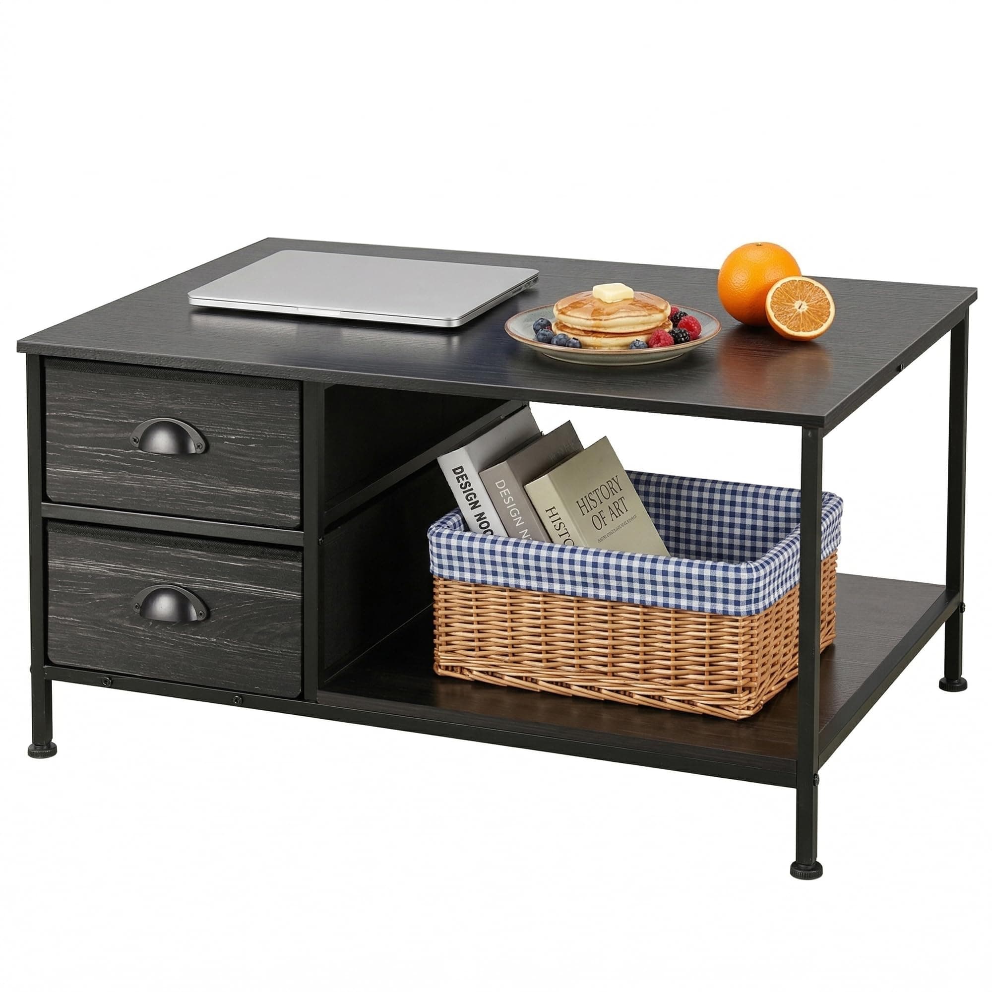 SENIG Coffee Table with Drawers, Coffee Table for Living Room, 2-Tier Coffee Tables with Storage Drawers,Oak Coffee Tables for Small Spaces, Rectangle Wood Table, Metal Side End Table