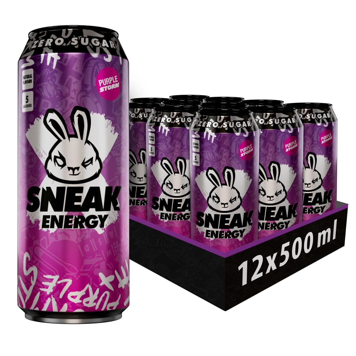 Cans Purple Storm | In-Game Focus Boost Energy Drink, Zero Sugar, Low-Calorie, Vegan | 500ml x 12