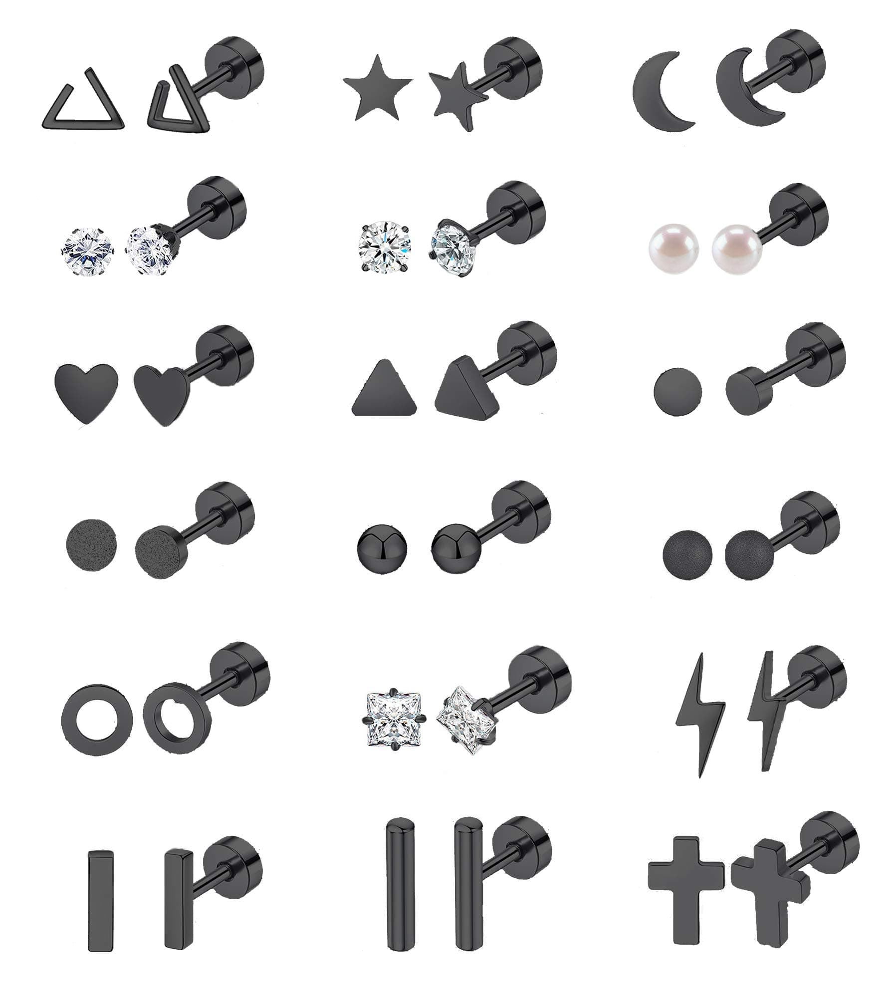 18 Pairs Small Stud Earrings Set for Women Men Star Triangle Moon Heart Disc Ball CZ Small Cartilage Stud Earrings Stainless Steel Geometric Flat Back Earrings Black
