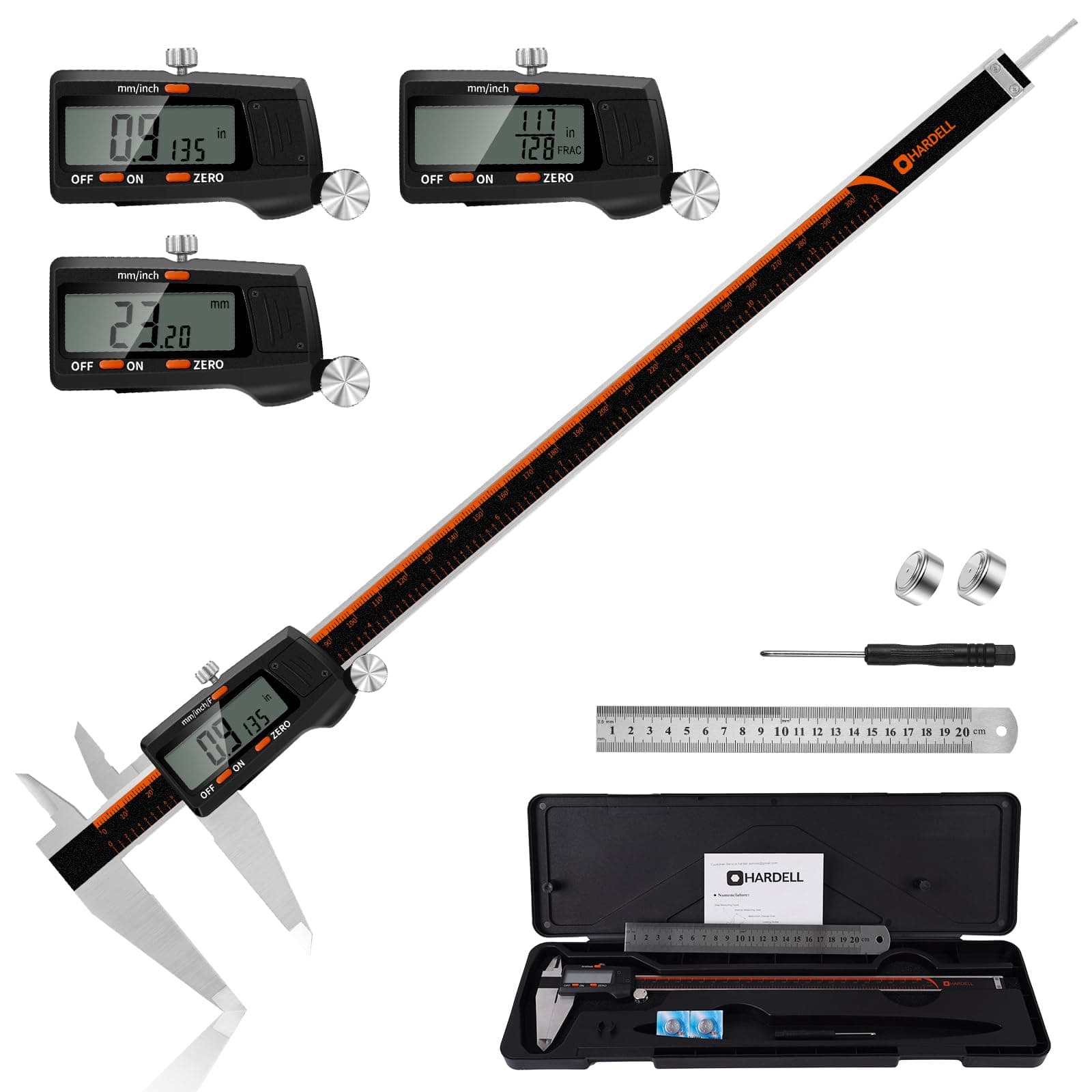 - Digital Caliper 12 Inch,HARDELL Caliper Measuring Tool with Large LCD Screen,Electronic Digital Vernier Caliper Auto-Off Feature,Inch/MM/Fraction,Digital Ruler for 3D Printing/Jewelers/Woodworkers