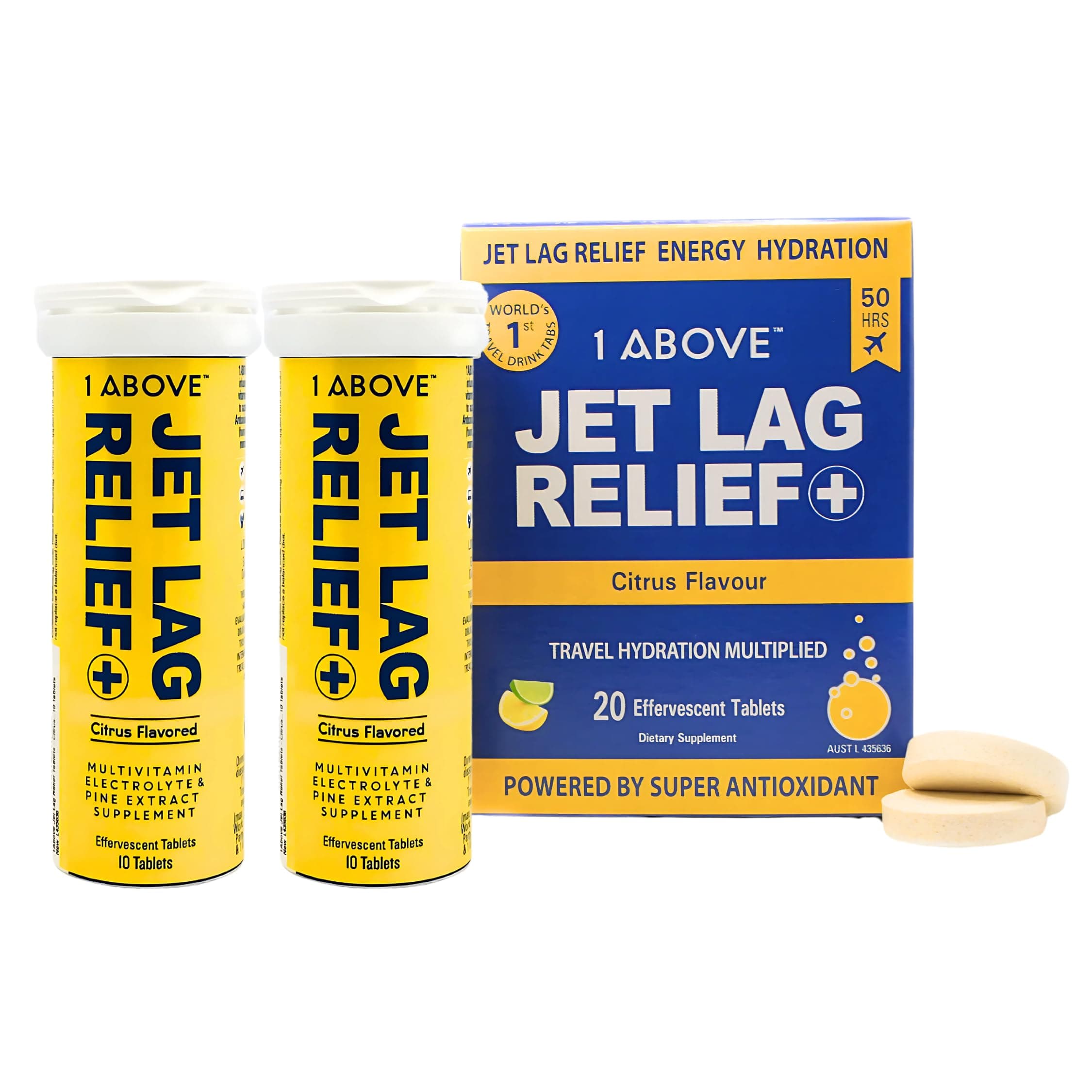 1ABOVE Jet Lag Relief Tablets - Citrus-Flavored Effervescent Multivitamin with Pycnogenol Travel Supplement for Hydration, Energy, Immune Support and Faster Recovery - Flight Essential, 20 Tablets