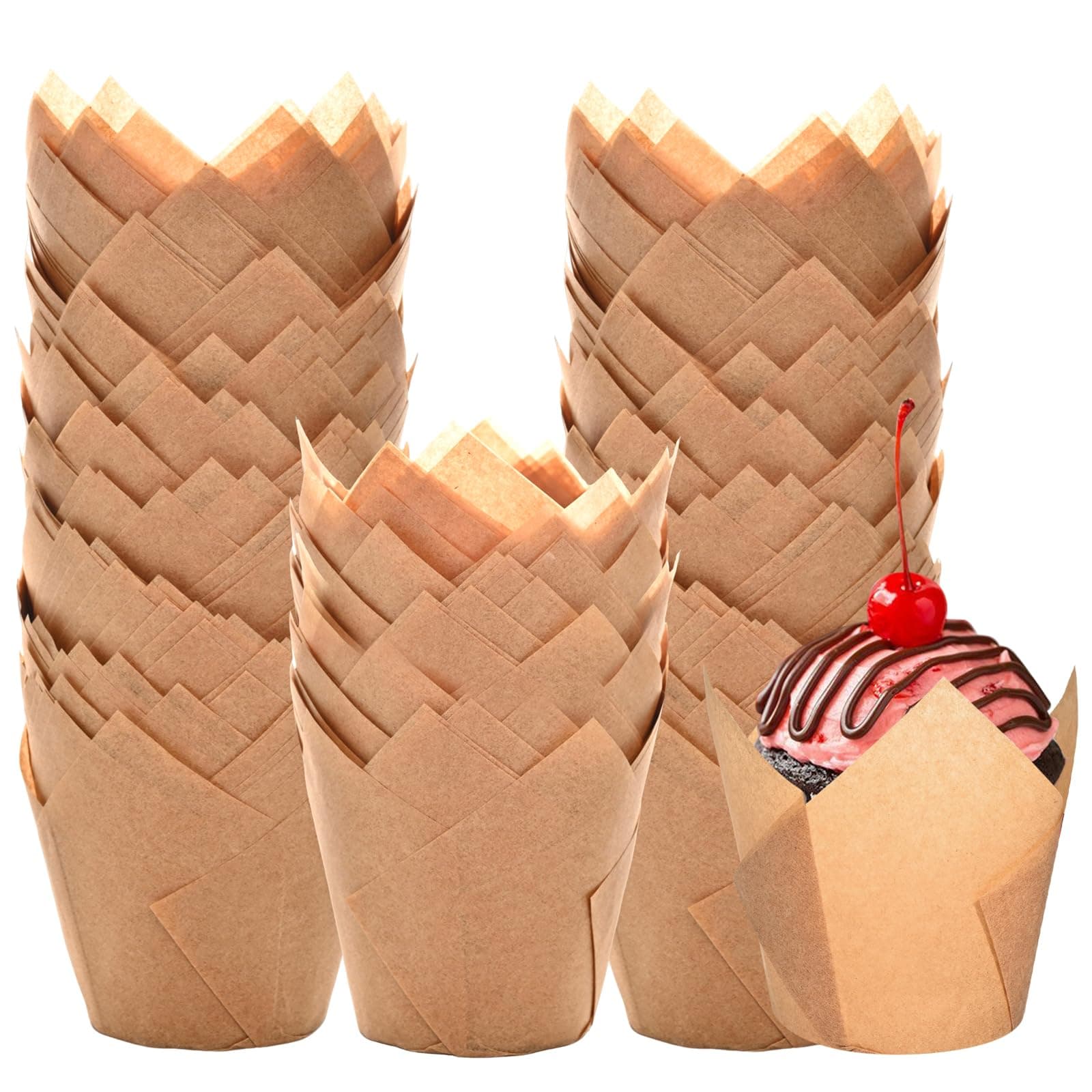 Natural Tulip Cupcake Liners for Baking 200 Cups, Unbleached Parchment paper Muffin Liners, Upgraded Standard Cupcake Wrappers, Greaseproof Cup Cake Liner, Easy to Use in Party, Birthday, Christmas