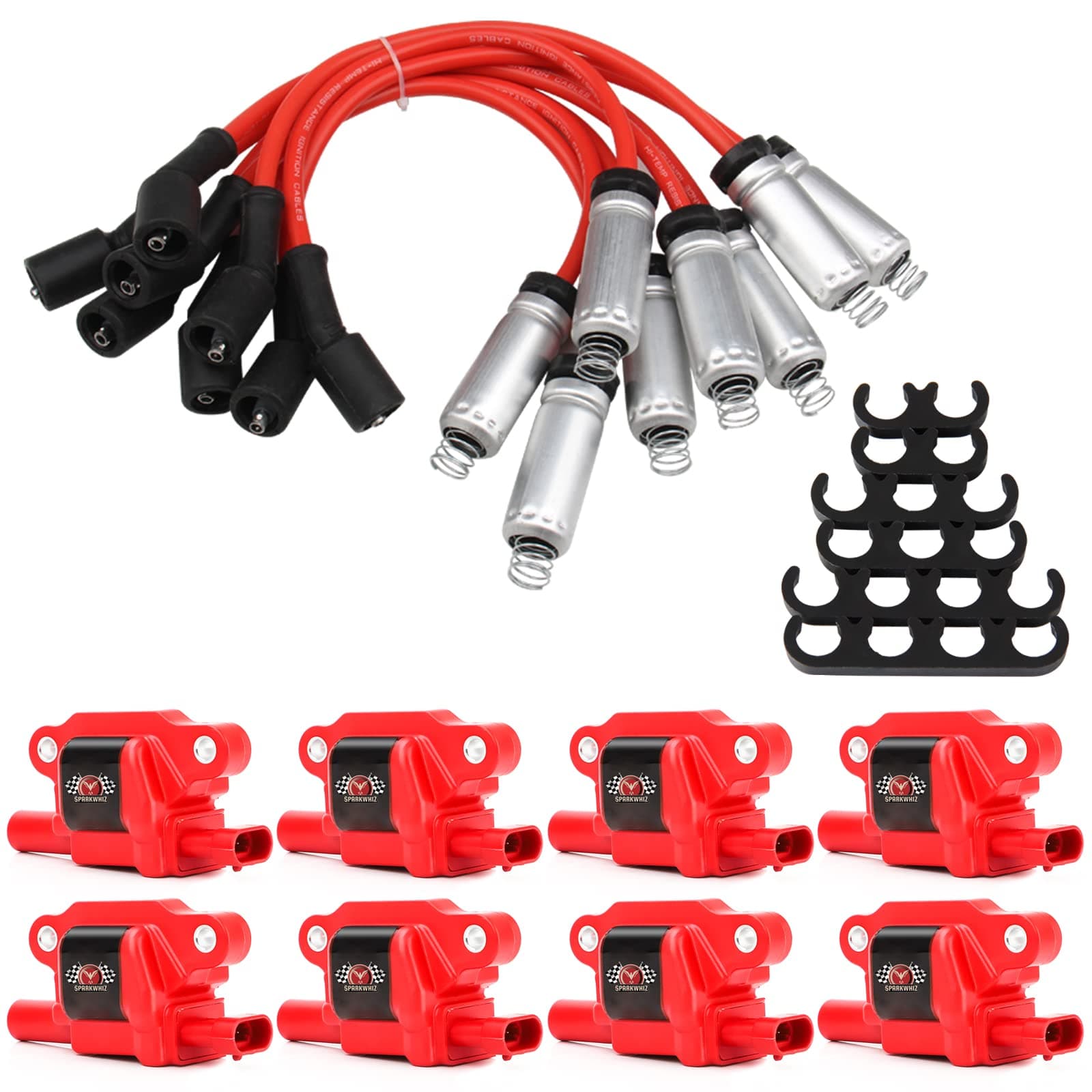Ignition Coil Pack Set of 8, Square Ignition Coils UF413 with 748UU 8mm Spark Plug Wires Set, Compatible with Chevy Silverado 1500 GMC Pontiac G8 Grand Prix H3 Tahoe Yukon