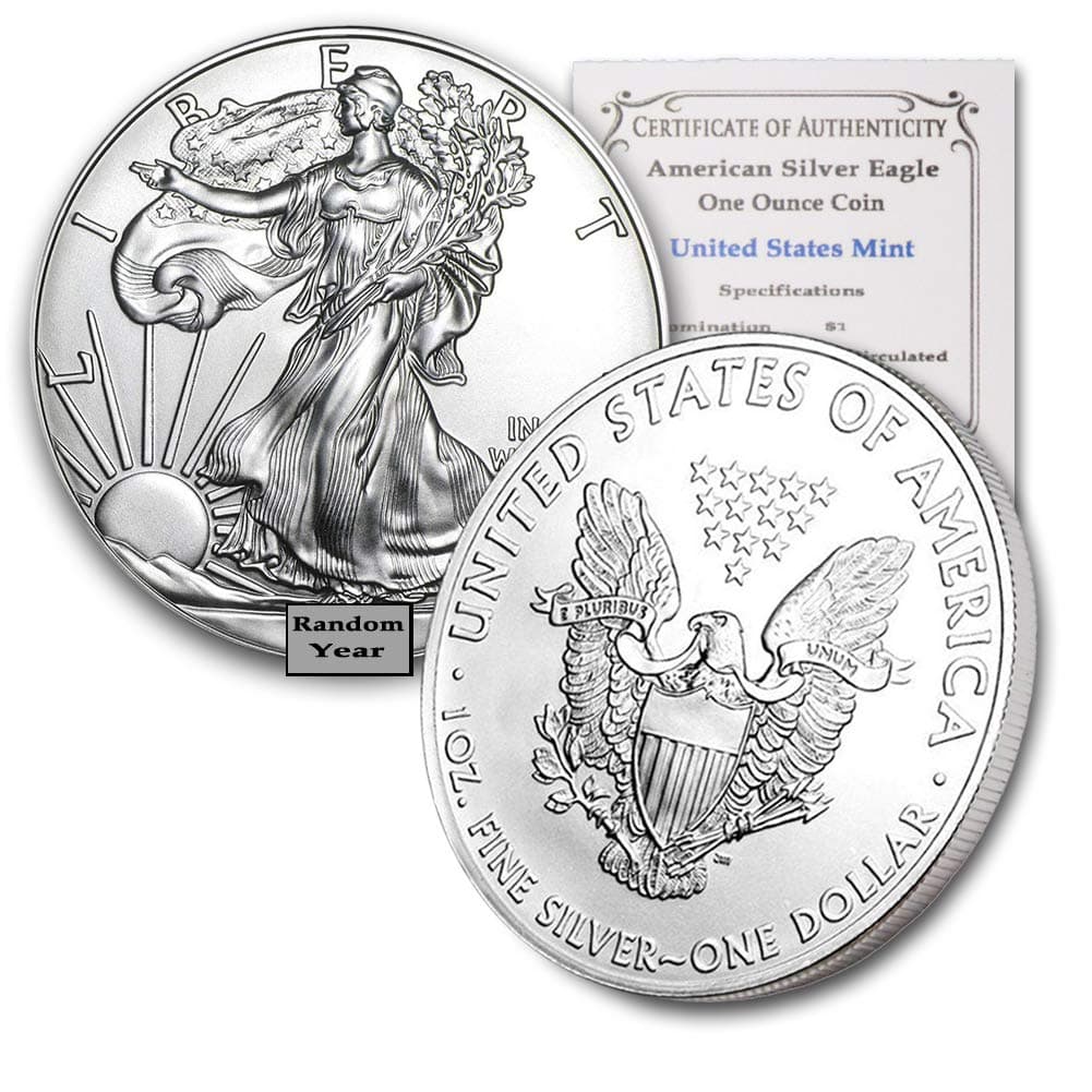 1986-2021 (Random Year) 1 oz American Silver Eagle Coin (Type 1) Brilliant Uncirculated with Certificate of Authenticity $1 Seller BU