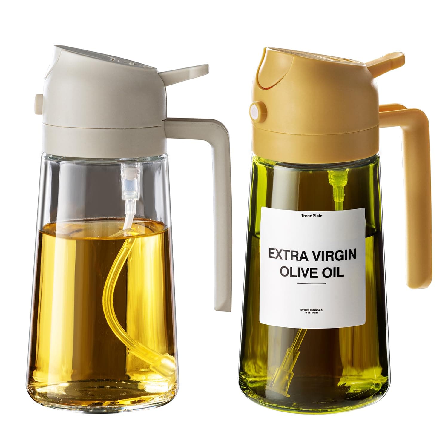 TrendPlain2-Pack 16oz Olive Oil Dispenser Set - Original & Light-Blocking Bottles with Stickers - White & Yellow