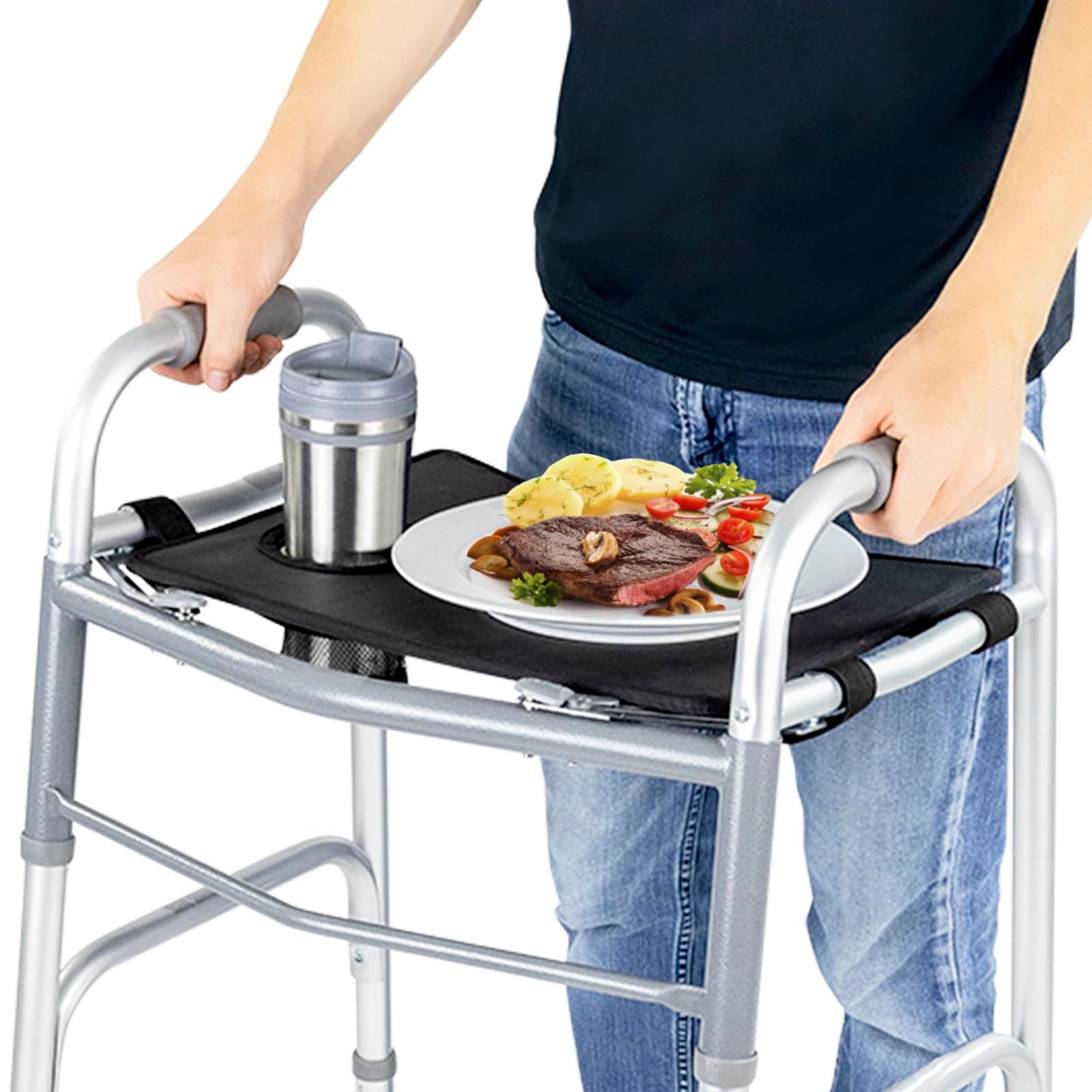 Walker Tray for Folding Walker - (w/Cup Holder) - Adult Mobility Accessories - Fits Standard Walkers - Medical Table for Seniors Non Slip Mat for Food - Removable & Easy Assembly (Black)