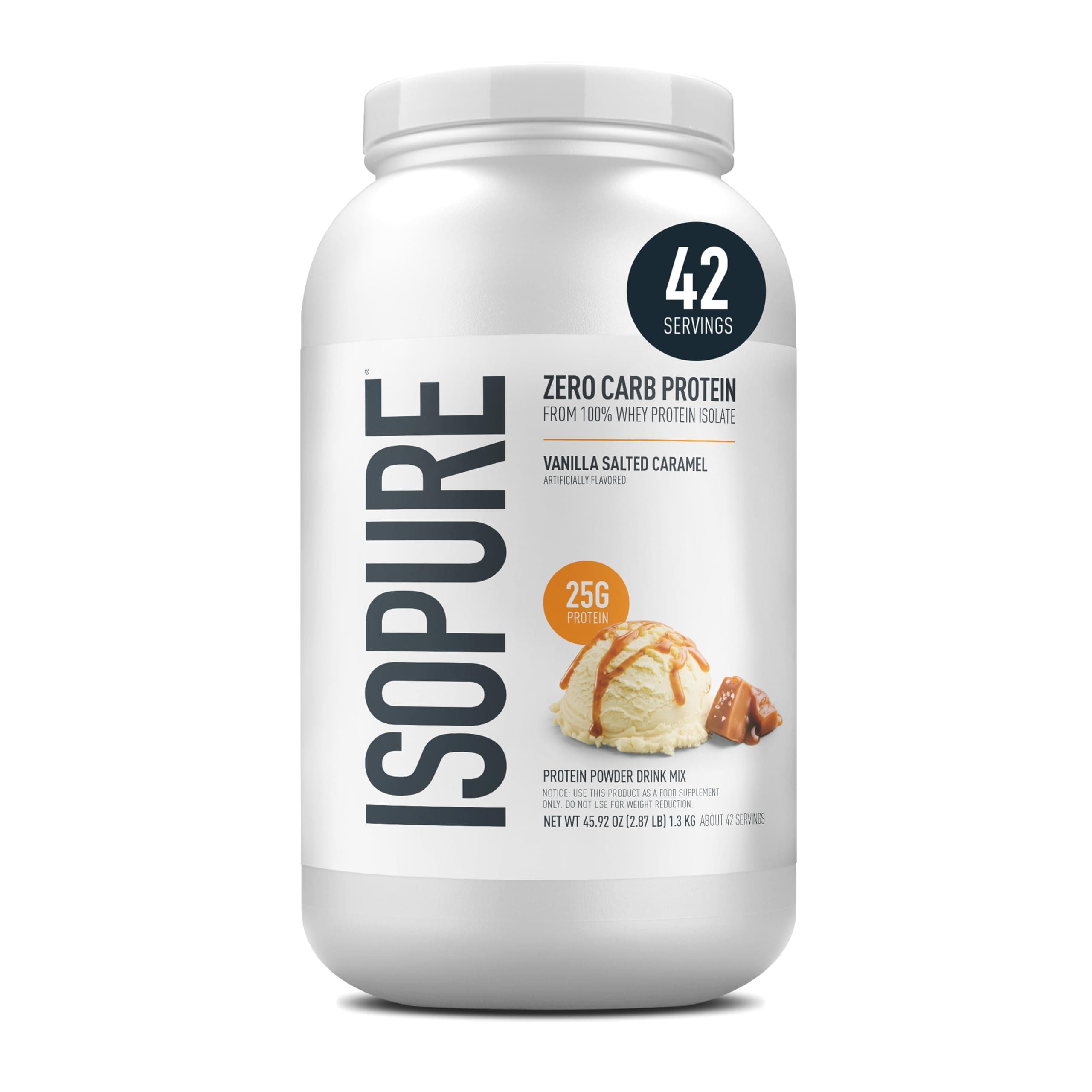 Isopure Zero Carb 100% Pure Whey Isolate Protein Powder, Gluten Free, With Vitamins, Vanilla Salted Caramel, 25g Protein Per Serving, 3 Lbs, 42 Servings (Packaging May Vary)
