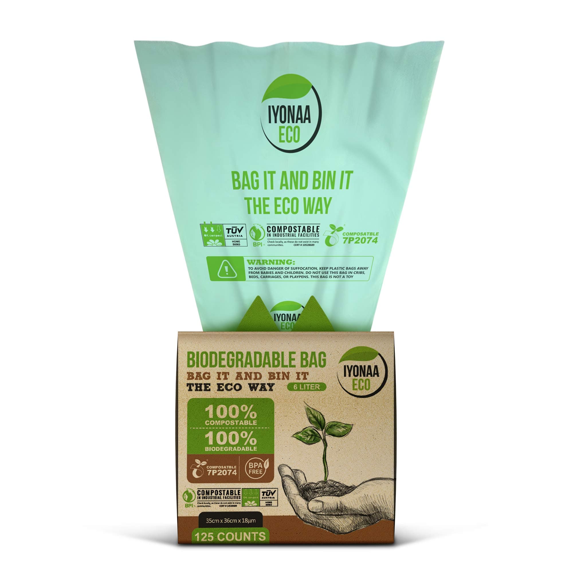 iyonaa Eco 6L x 125 Biodegradable Bin Bag, Extra Thick 18 Micron, European TUV Home and USA BPI Certified