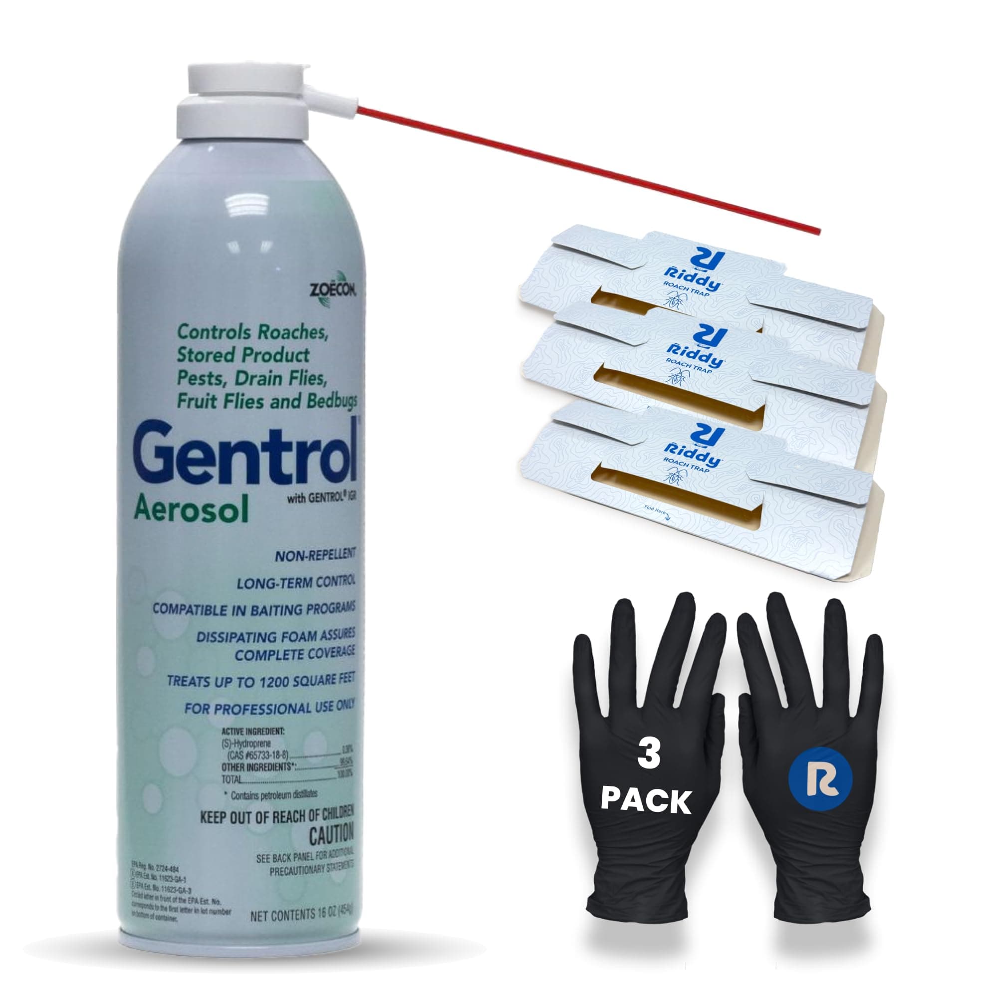 - Gentrol Aerosol IGR 16 oz. Can, 3 Pack Riddy Cockroach Traps, 3 Riddy Nitrile Gloves Included, Complete Control Kit, Long-Lasting Protection
