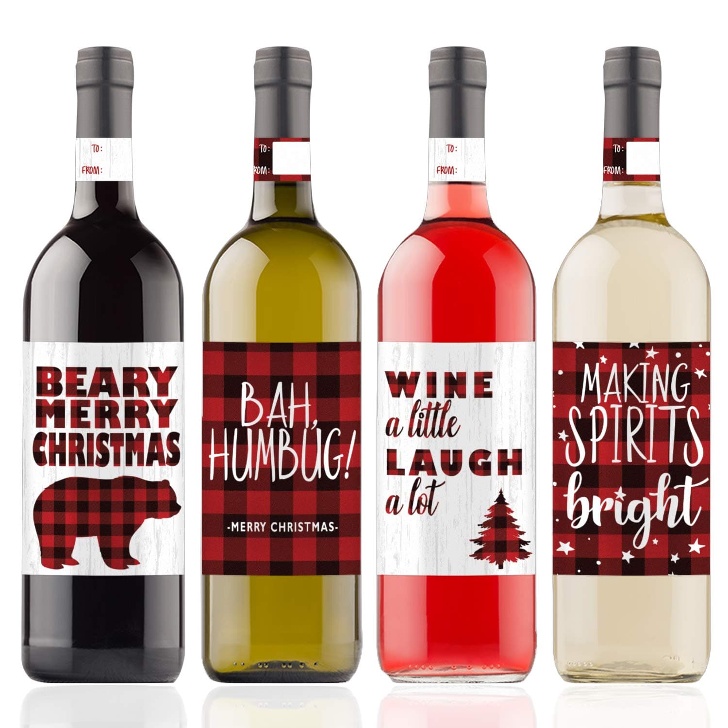 Christmas Wine Bottle Sticker Labels, 4 Count (Plaid Theme)