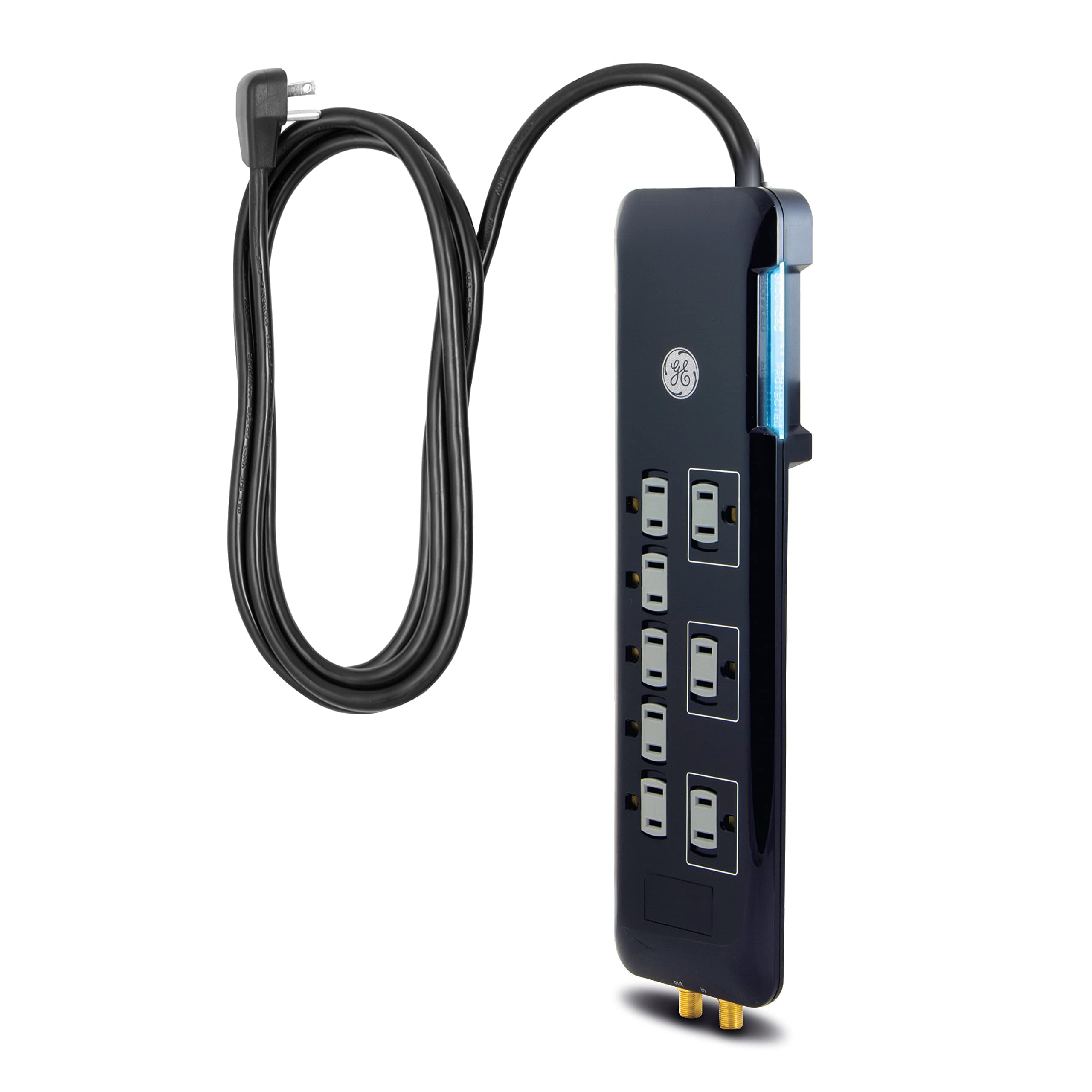 GE UltraPro 8 Outlet Surge Protector, 4 Ft Power Cord, 2160 Joules, Flat Plug, Power Filter, Circuit Breaker, UL Listed, Black, 34461