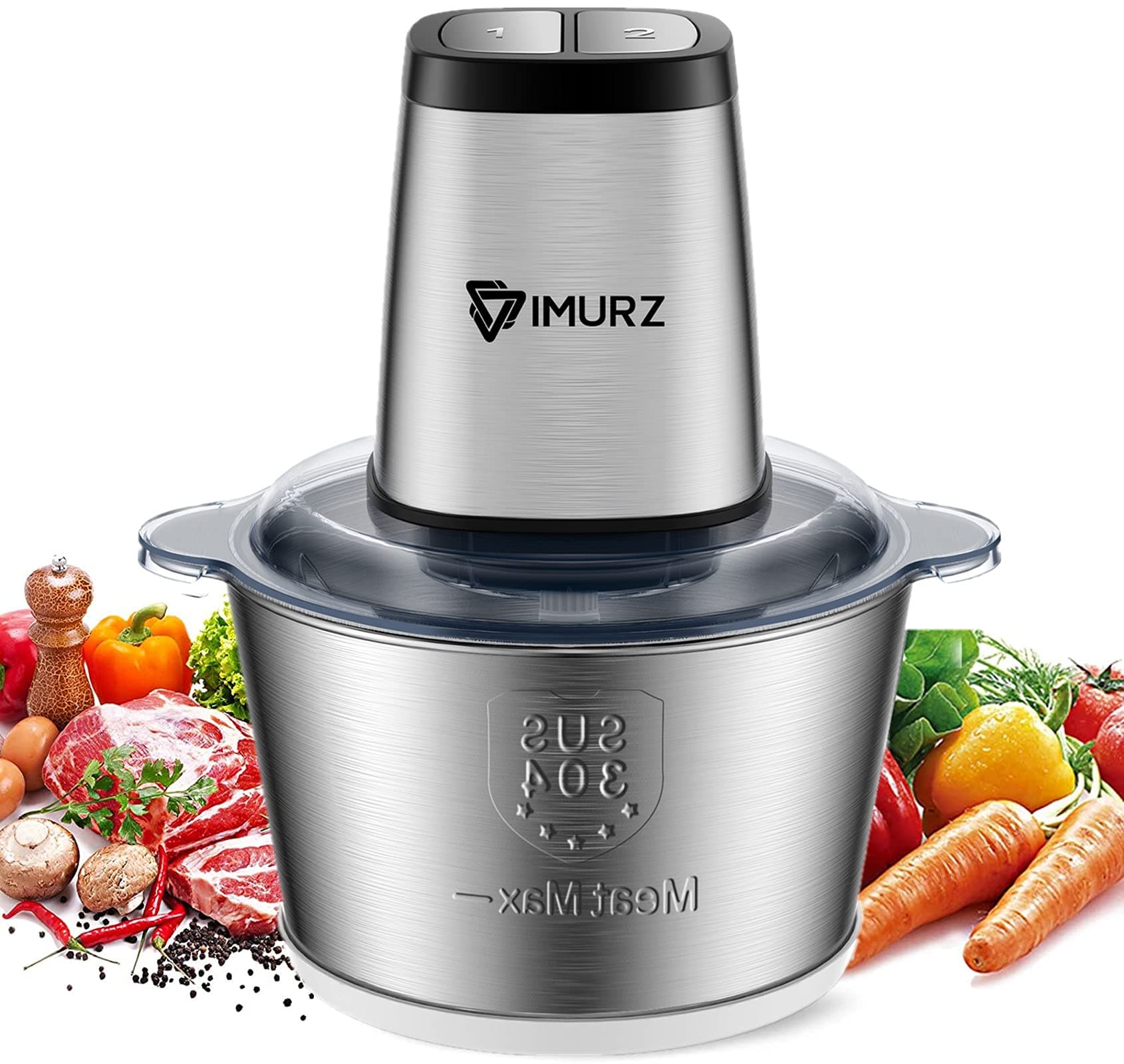 IMURZ Mini Chopper Electric Food Processor with 2 Litre Stainless Steel Bowl, 2 Speeds, 4 Bi-Level Blades,500W, Silver