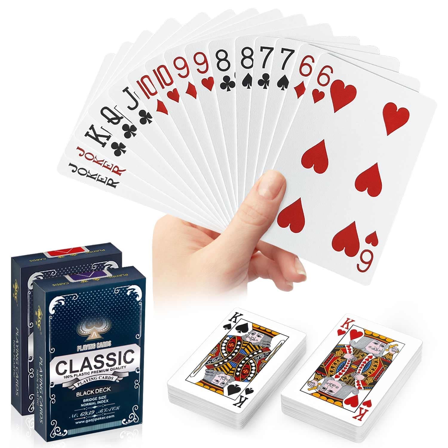 JWENUPDE Waterproof Plastic Playing Cards 2 Pack, Red and Black Poker Cards, Washable & Durable Poker Cards for Tarot, UNO, Blackjack, Canasta Card Games, Perfect for Pool Games, Beach, Camping Games