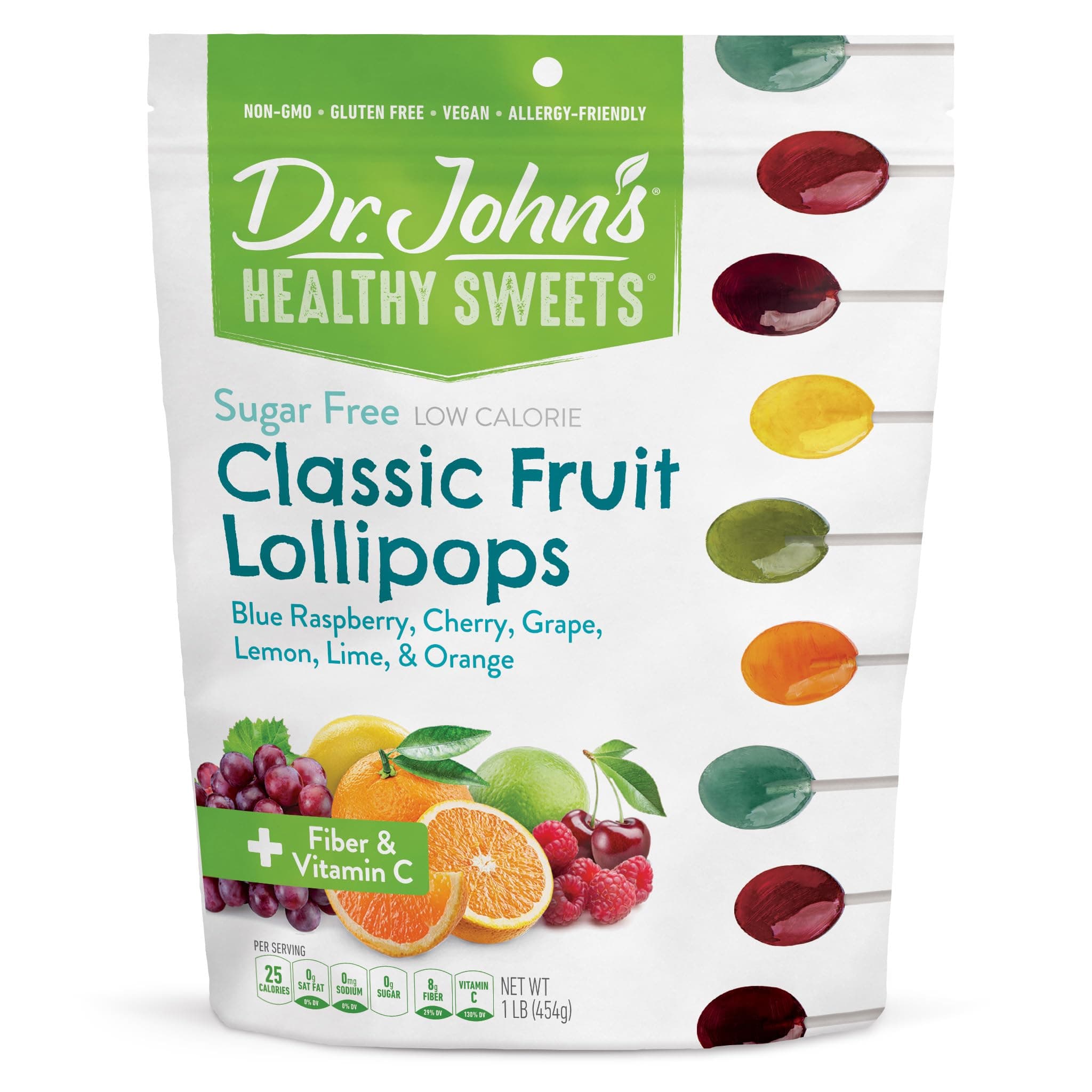Dr. John’s Sugar Free Candy, Healthy Lollipops with Zero Sugar, Low Calorie Snacks, Keto Friendly Hard Candy Sweets, Classic Fruit, Oval, 60 Count, 1 LB