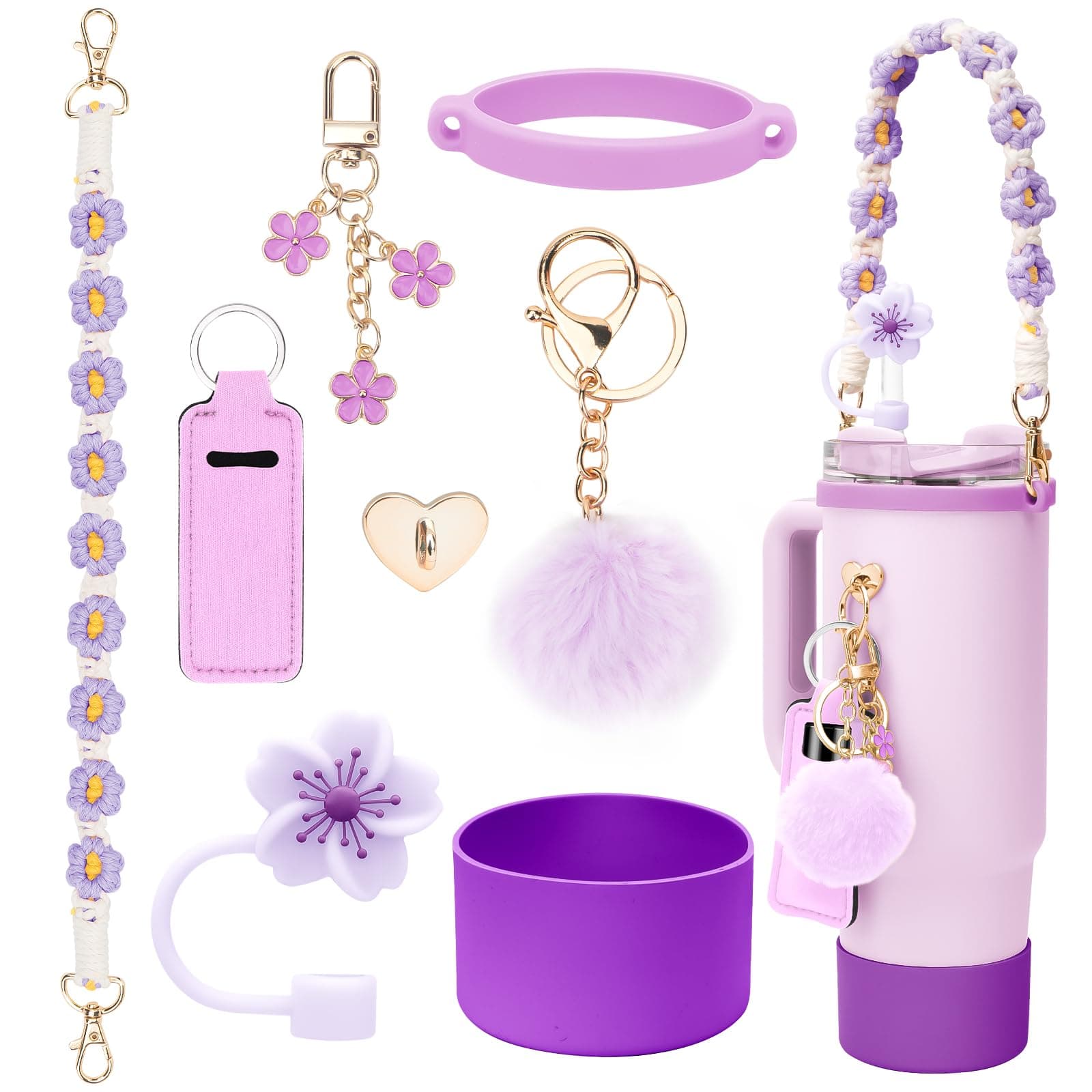 Stanley Accessories Set: Water Bottle Handle Strap, Silicone Straw Cover, Cup Boot, 3 Charms for 40oz & 30oz Tumbler - Purple