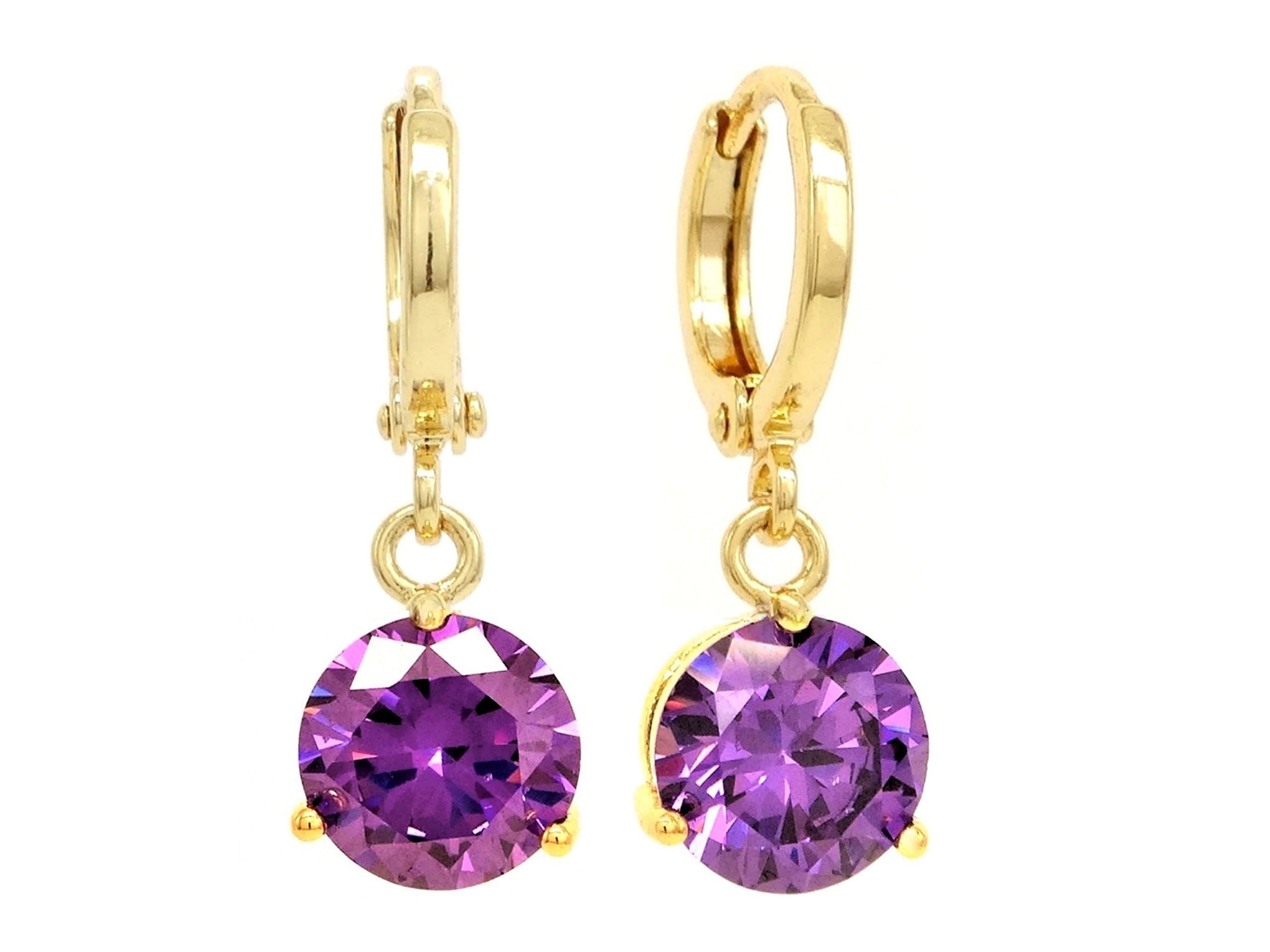Genuine 18K yellow gold drop/dangle raindrop earrings with clear purple amethyst type gemstones with black jewellery box