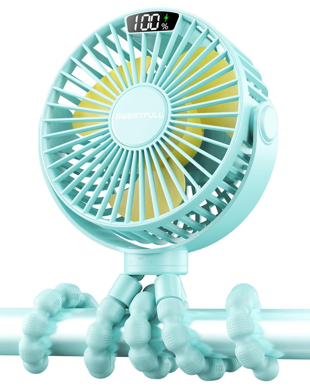 SWEETFULL Portable Stroller Fan with Display 4000mAh Battery Powered Mini Clip On Fan, 4-Speed Rechargeable Small Personal Cooling for Baby Car Seat Crib Travel - Cyan