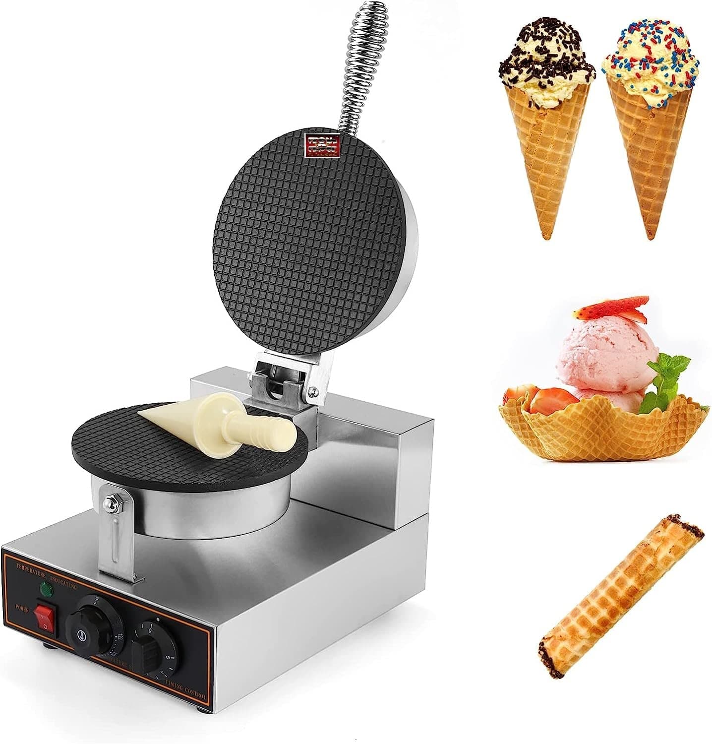 MAZORIA Waffle Cone Maker with Roll Mold Non-Stick Plates, Quick & Easy Cone Making with Temperature & Timer Control