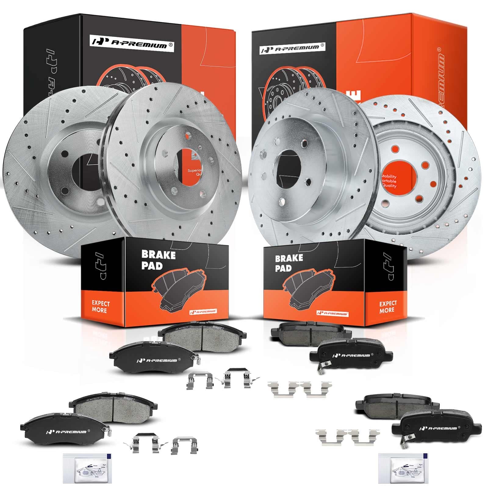 A-Premium Front & Rear Drilled and Slotted Disc Brake Rotors + Ceramic Pads Kit Compatible with Select Nissan and Infiniti Models - 370Z, 350Z, G37, G35, EX35, EX37, G25, M35, M45, Q40, 12-PC Set