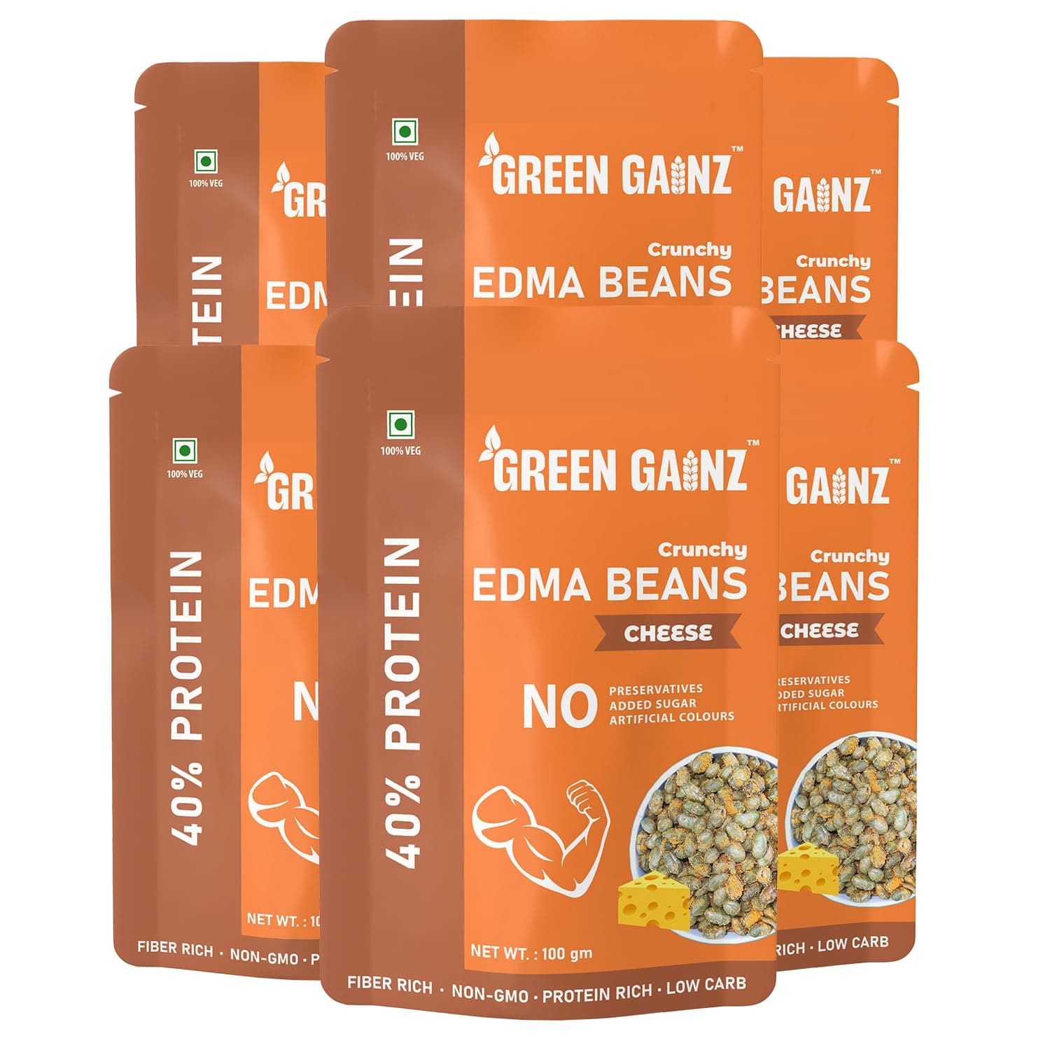 Green Gainz Roasted Edma Beans (Edamame) Cheese Flavour (pack of 6-100gm each) | 100% Veg High Protein Snack | No Added Sugar | Non-GMO | Rich in Fiber | No Gluten