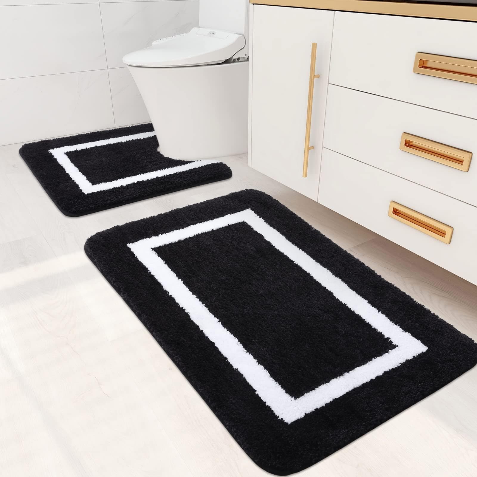 KitinjoyBathroom Rugs Set 2 Pieces Soft Microfiber Bath Mat and U-Shaped Toilet Rug, Machine Wash Dry, Non Slip Absorbent Shaggy Bath Rug for Tub, Shower and Bath Room (24" x 20"+30" x 20", Black)