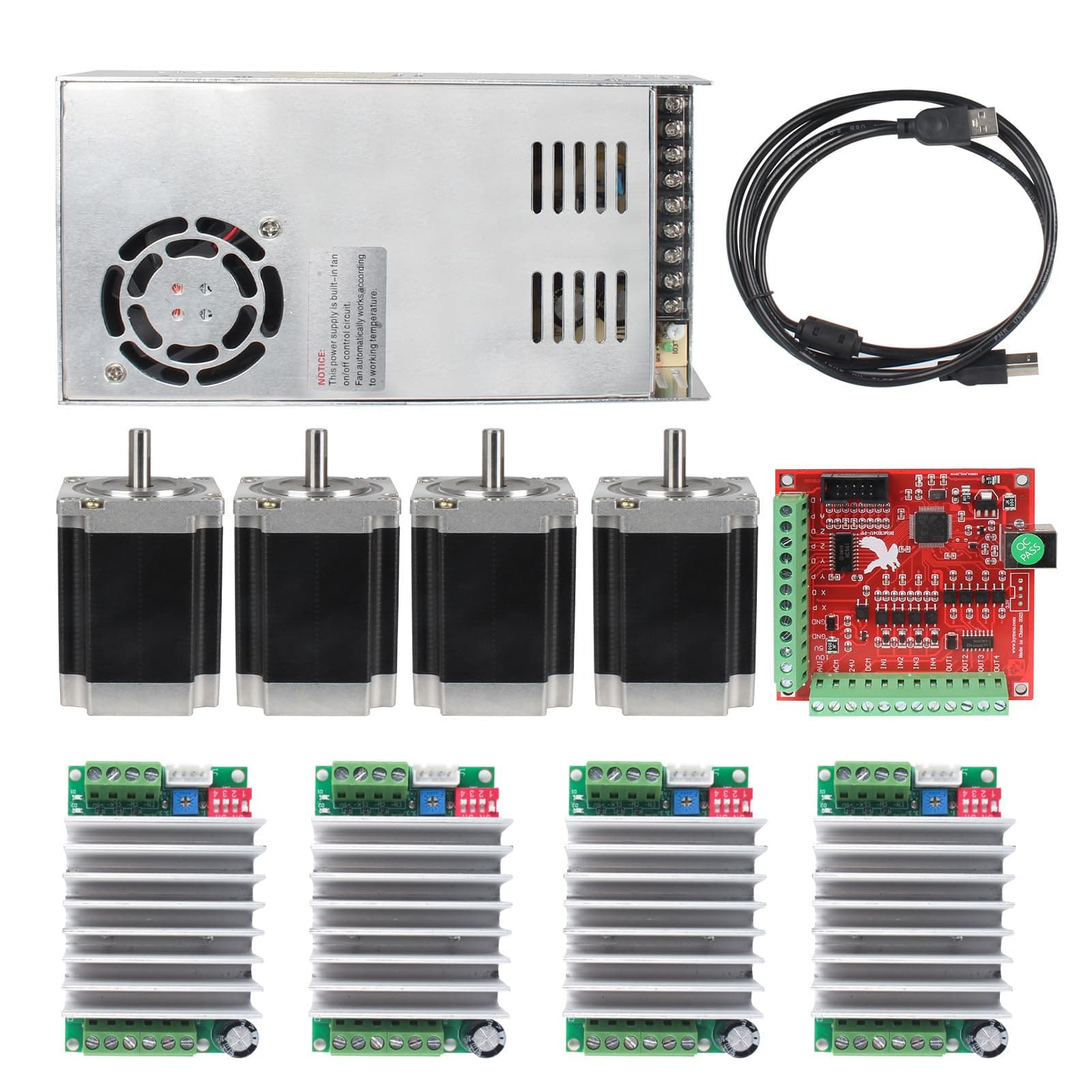 RATTMMOTOR 4 Axis CNC Controller Kit, Nema23 Stepper Motor23HS8430 270oz-in 76mm 3A 1.8Nm, TB6600 Stepper Motor Driver 24VDC, USB Mach3 Motion Control Card Breakout Board, 350W Switching Power Supply