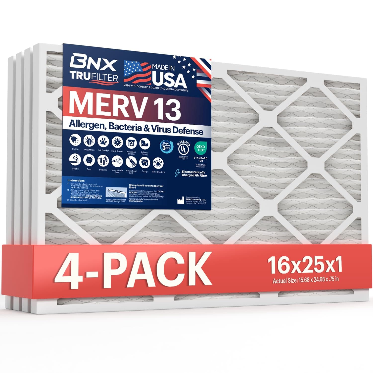 TruFilter 16x25x1 Air Filter MERV 13 (4-Pack) - MADE IN USA - Electrostatic Pleated Air Conditioner HVAC AC Furnace Filters for Allergies, Pollen, Mold, Bacteria, Smoke, Allergen, MPR 1900 FPR 10