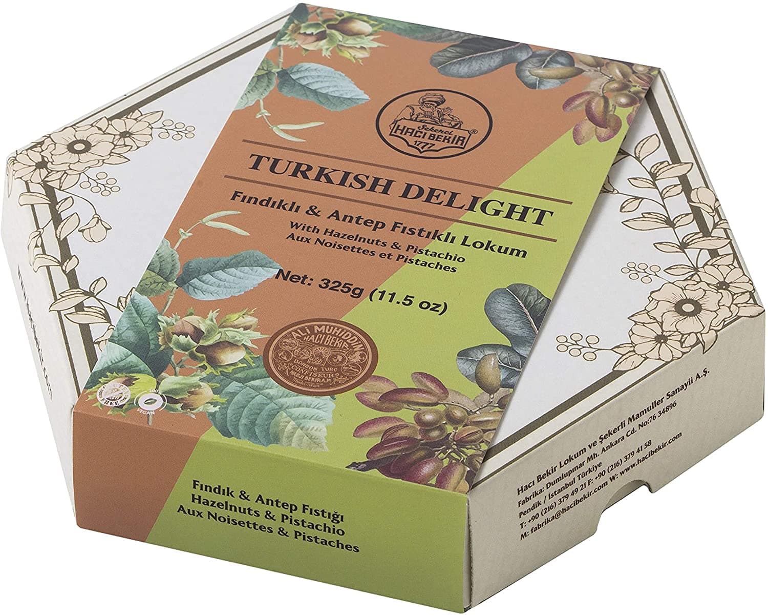 Turkish Delight by Haci Bekir – Assorted Whole Pistachio and Hazelnut Filled Treat – Vegan, Gluten-Free, Halal, and Dairy-Free Gummy Candy Dessert - 325GR/11.5OZ Gourmet Box
