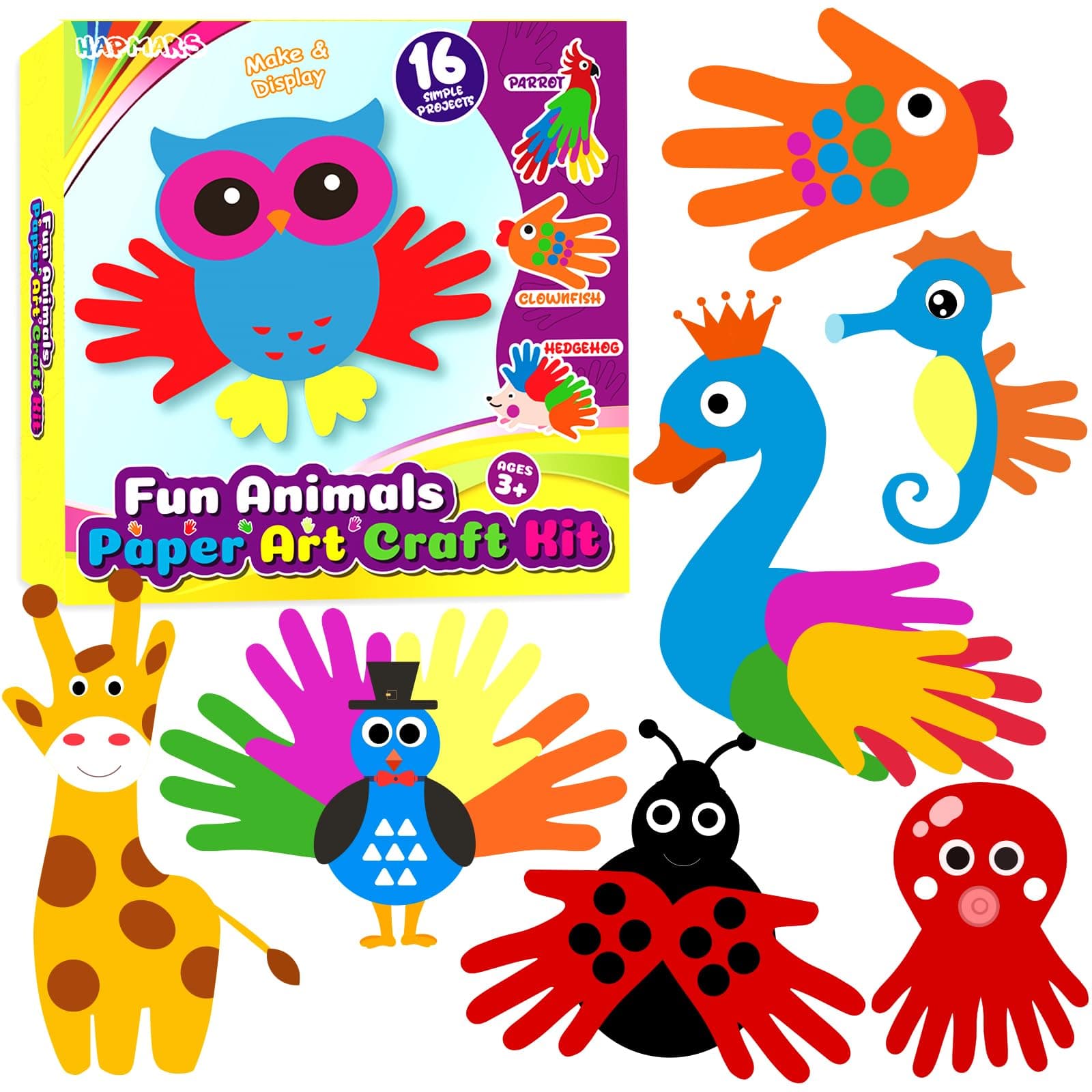 HAPMARS Handprint Art Craft Kits for Kids,16 Pack Animals Paper Art Sets for Toddler Boys & Girls Age 3,4,5+,DIY Fun Cutouts Hand Print Paper Crafting,Creative Educational Toys for Preschool Classroom