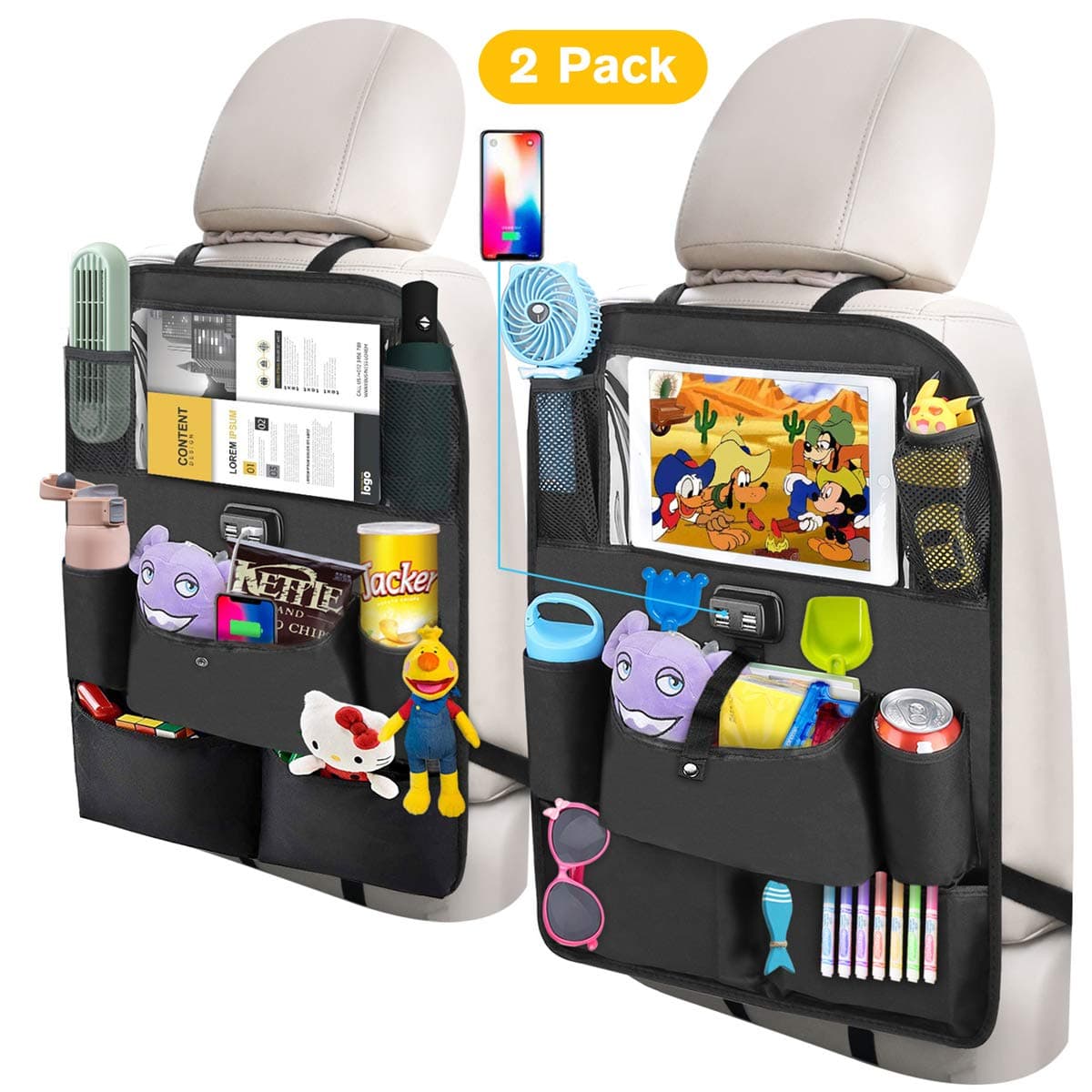 YMD Backseat Car Organizer, Car Seat Organizer with 4 USB Charging Port 11 inches Touch Screen Tablet Holder, Travel Accessories for Kids (2 Pack)