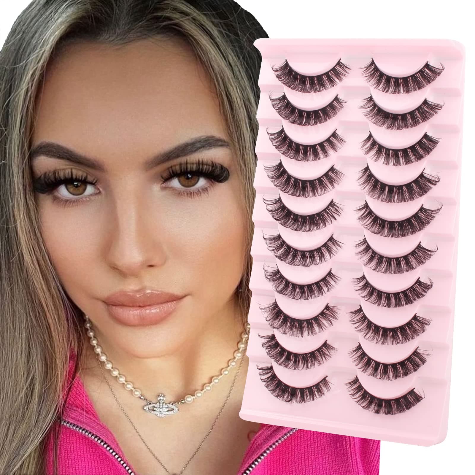– Eyelashes Russian Strip Lashes 10 Pairs Curly False Lashes D Curl Volume Strip Lashes Natural Fluffy Thick Fake Lashes
