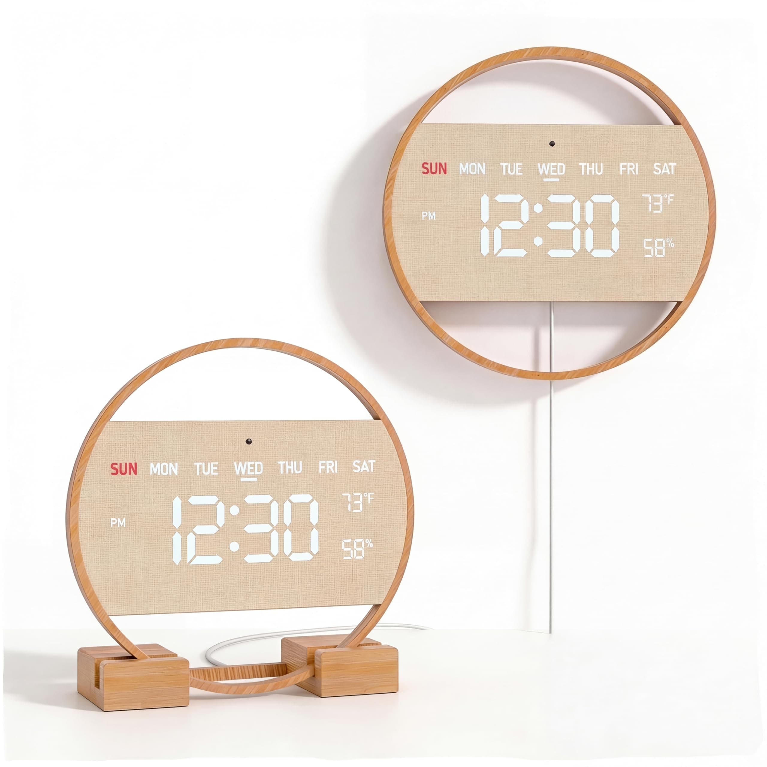Driini Large Digital Wall Clock -Round Digital Bamboo Wooden Wall Clock with Large Display - LED Wall Clock - Auto-Dimming – Plug in USB with Temperature & Humidity – Large Wall Clock for Living Room.