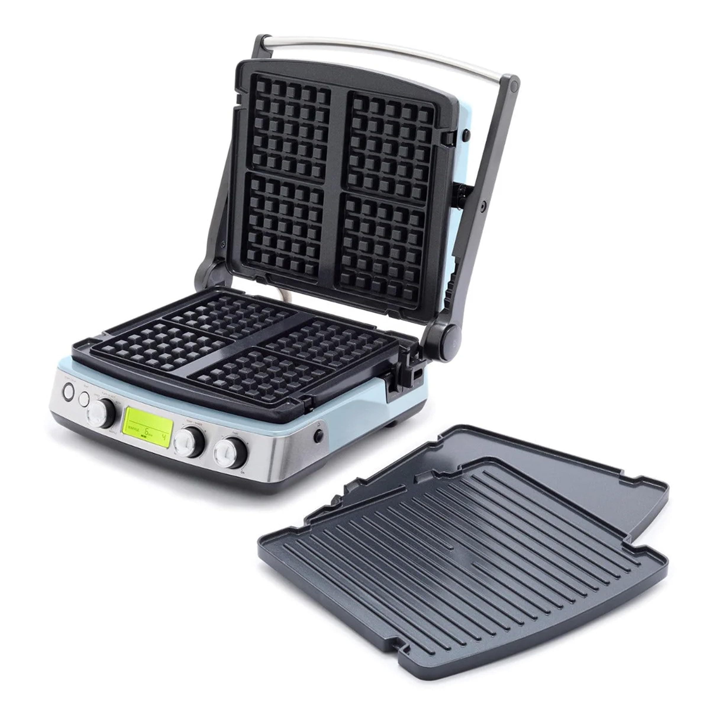 GreenPan Elite 7-in-1 Multifunctional Contact Grill & Griddle, Healthy Ceramic Non-Stick Aluminum, Grill and Waffle Plates, Adjustable Umbrella and Scissors, Closed Press/Open Flat