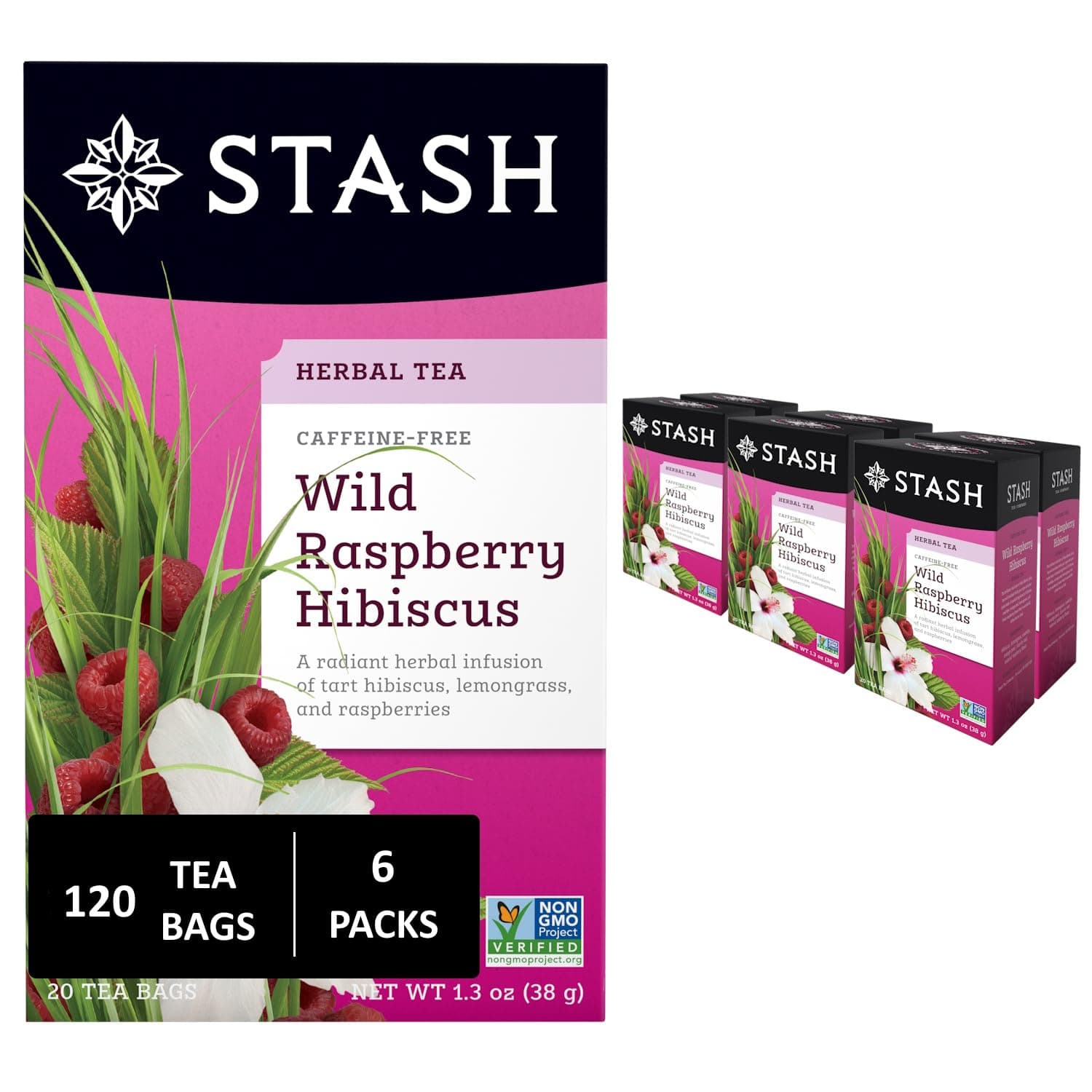 Tea Wild Raspberry Hibiscus Herbal Tea - Naturally Caffeine Free, Non-GMO Project Verified Premium Tea with No Artificial Ingredients, 20 Count (Pack of 6) - 120 Bags Total
