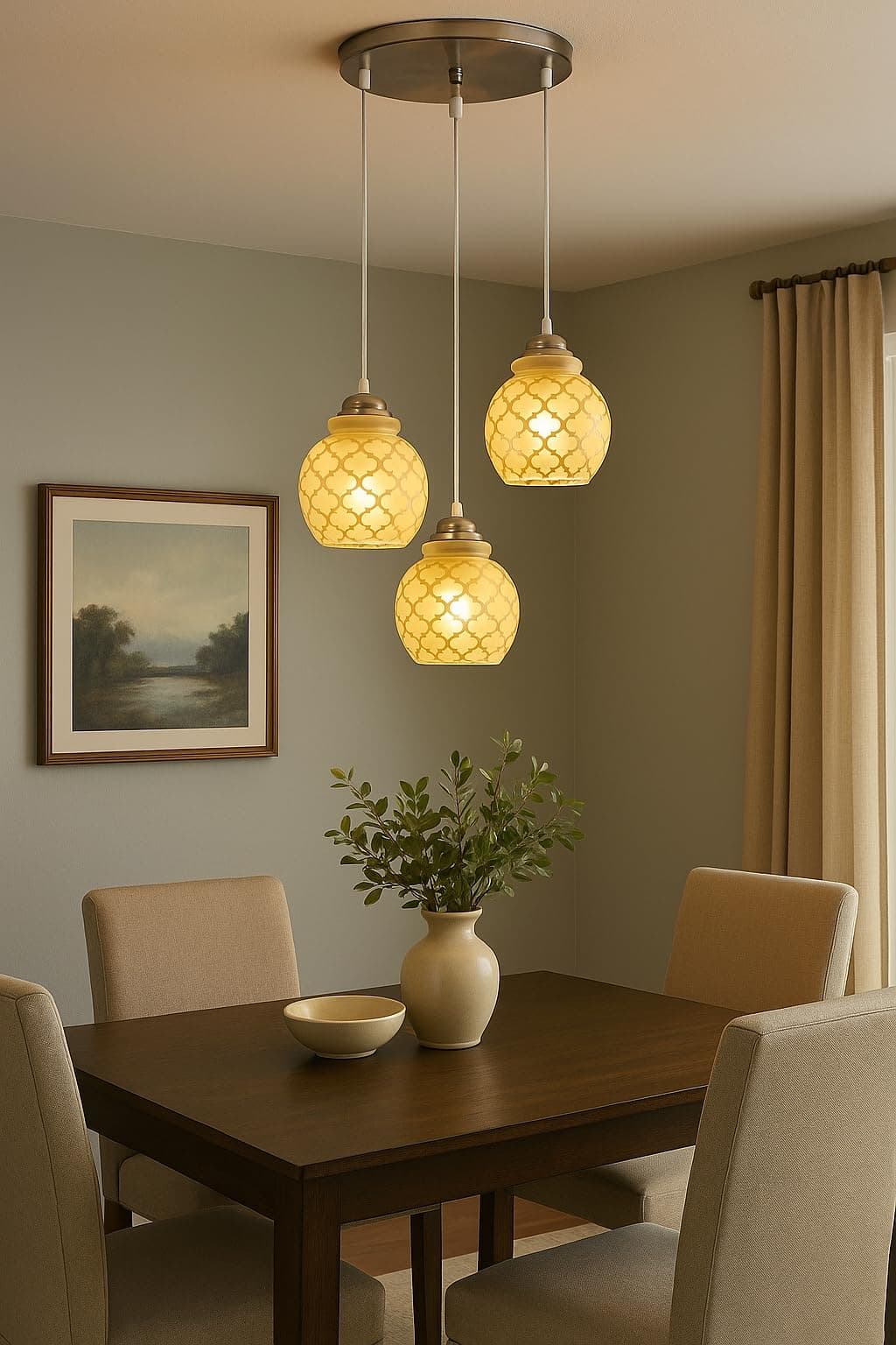 Elegant Triple Pendant Ceiling Light with Frosted Printed Globe Glass – Adjustable Steel Fixture, E27 Holder, 3 x 9W LED Warm White Bulbs Included – Ideal for Living Room, Dining, Bedroom