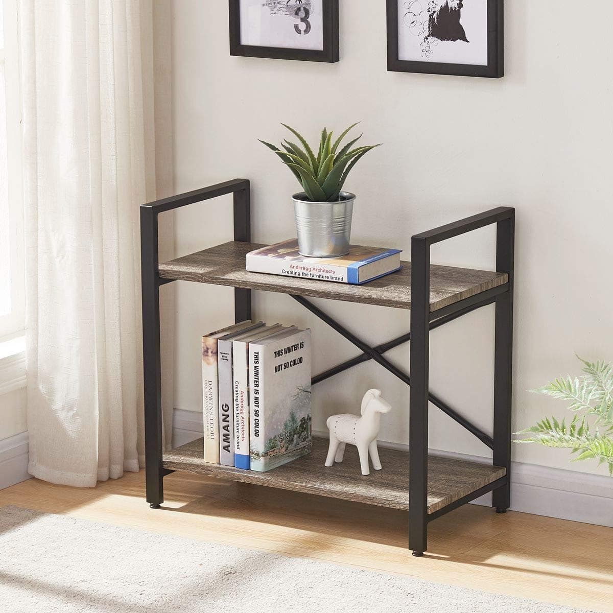 BON AUGURE Small Bookshelf, 2-Tier Industrial Low Bookcase, Rustic Display Shelf for Living Room Bedroom (Dark Gray Oak)